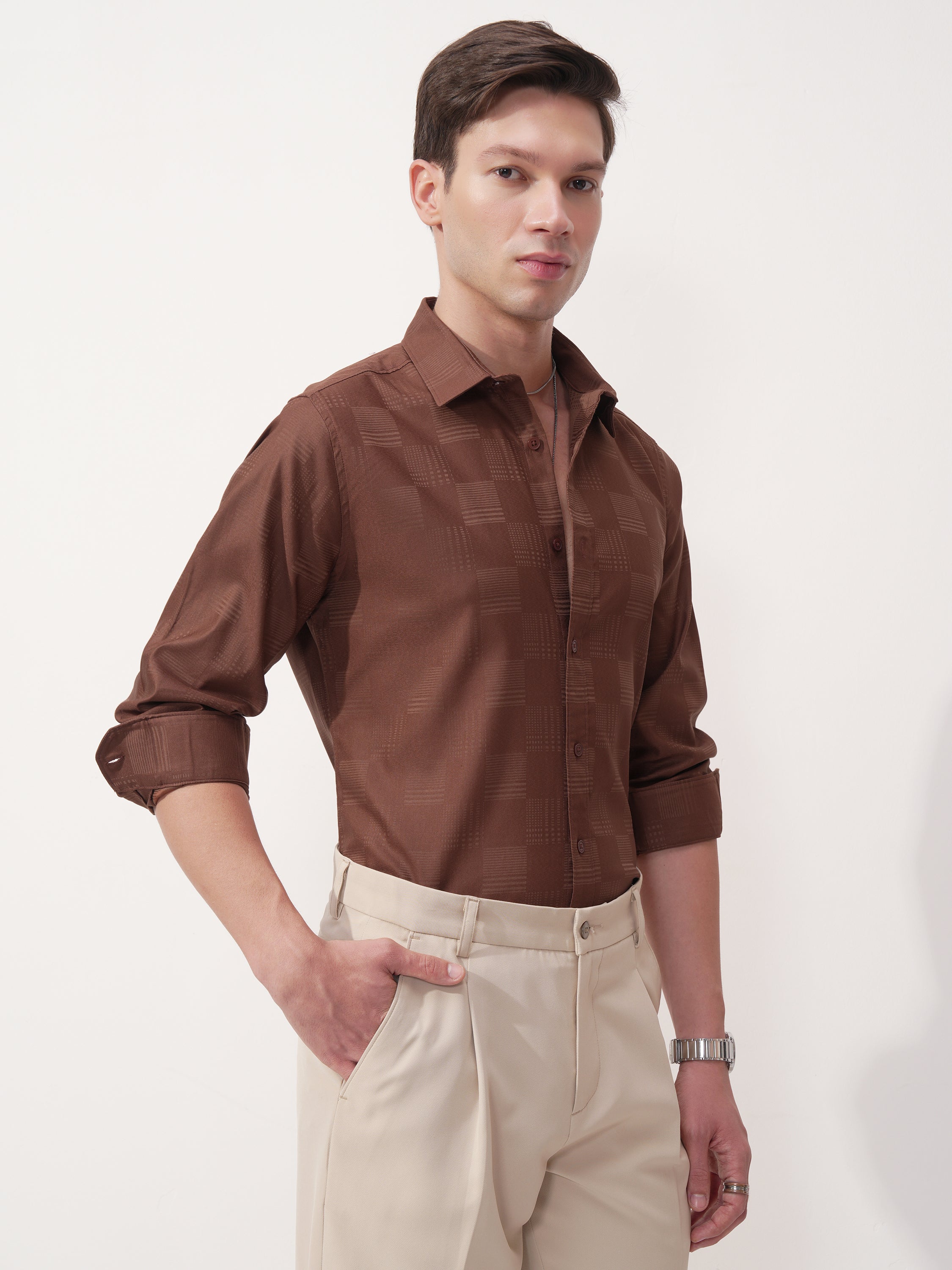 Highlander Men Brown Self Design Slim Fit Casual Shirt - Brown - Image 6
