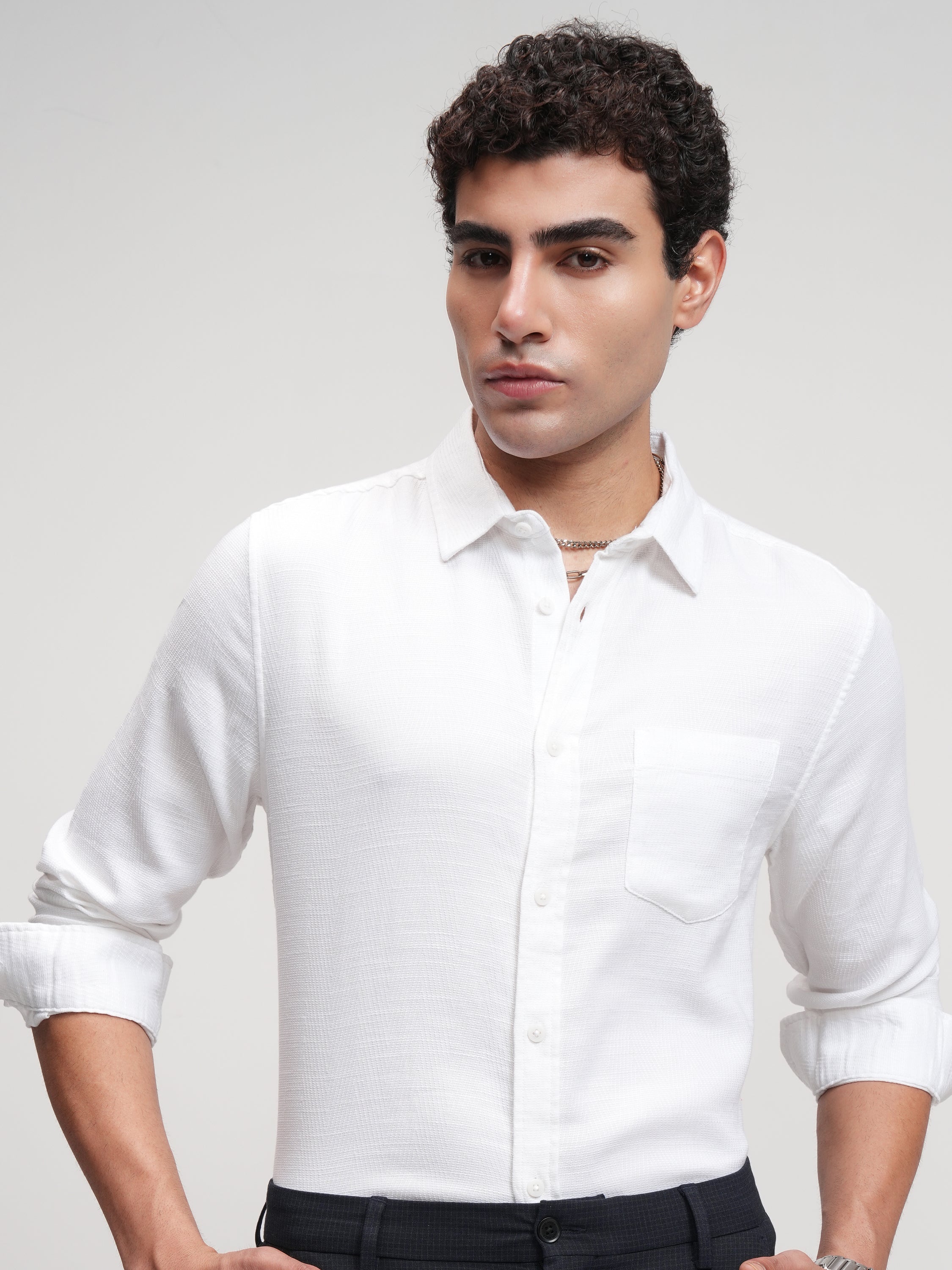 Highlander Men White Self Design Slim Fit Casual Shirt - White - Image 1