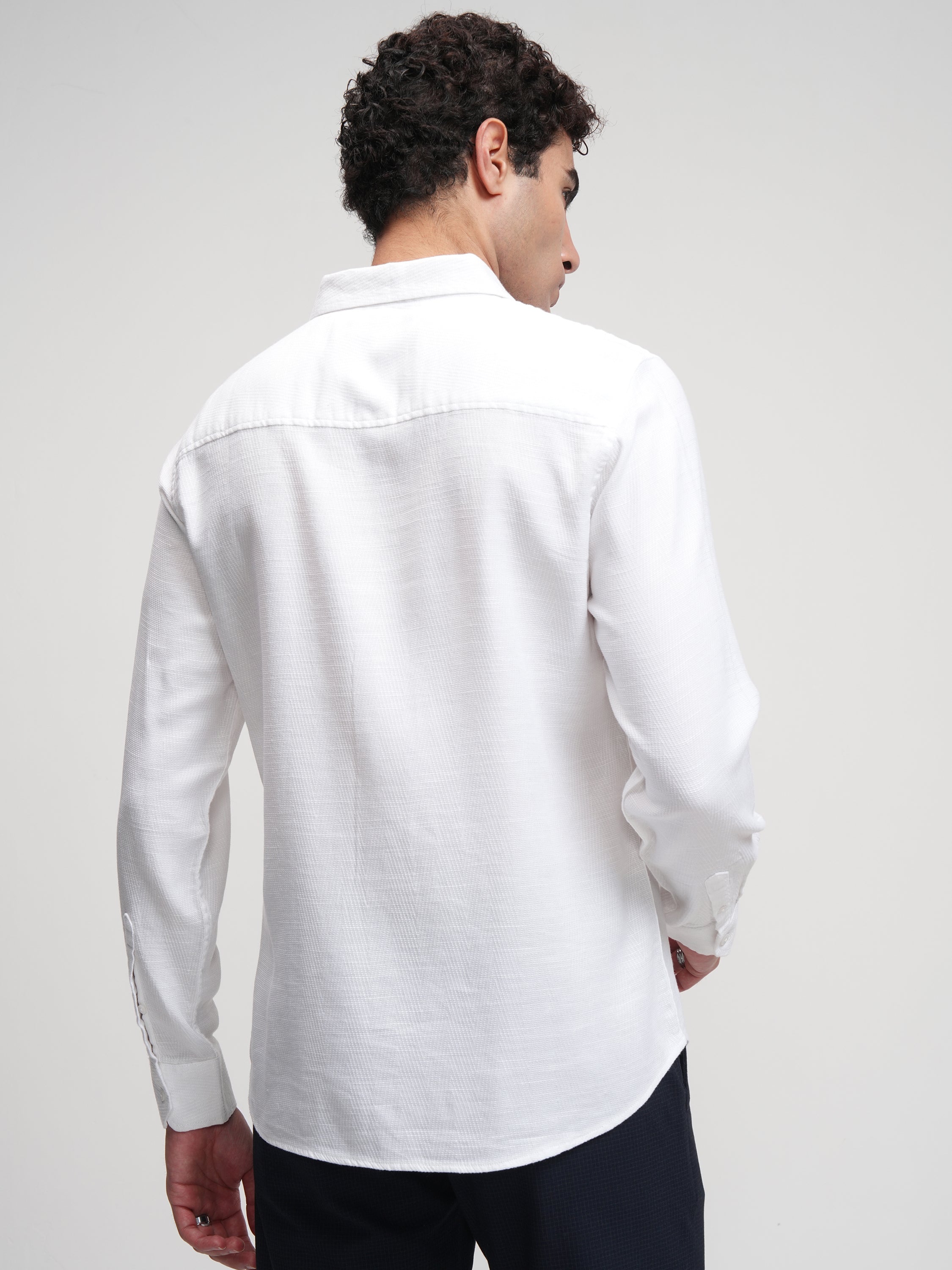 Highlander Men White Self Design Slim Fit Casual Shirt - White - Image 3