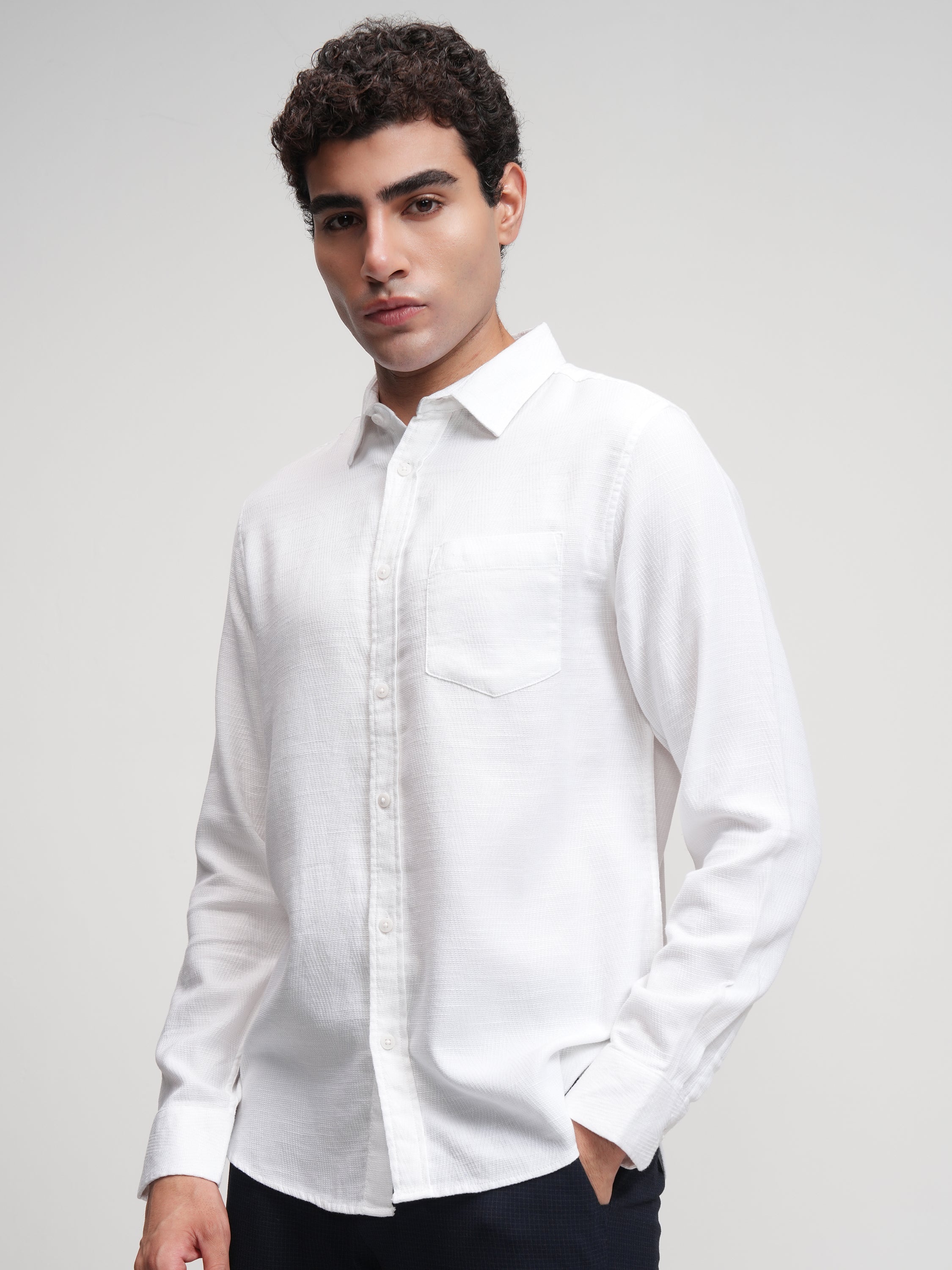 Highlander Men White Self Design Slim Fit Casual Shirt - White - Image 4