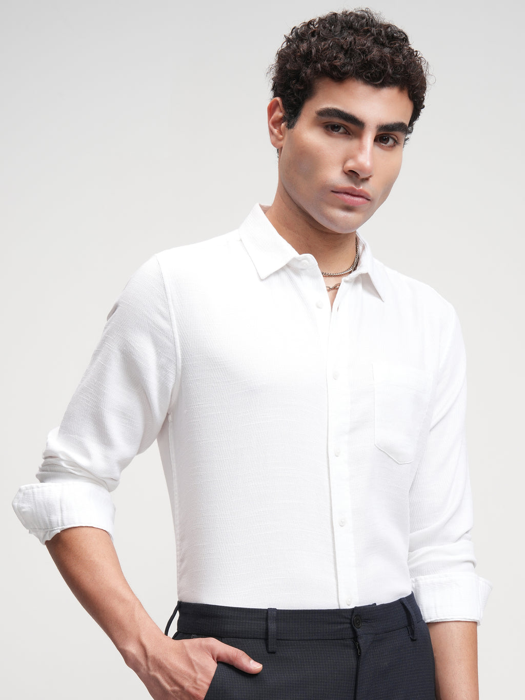 Highlander Men White Self Design Slim Fit Casual Shirt - White - Image 6