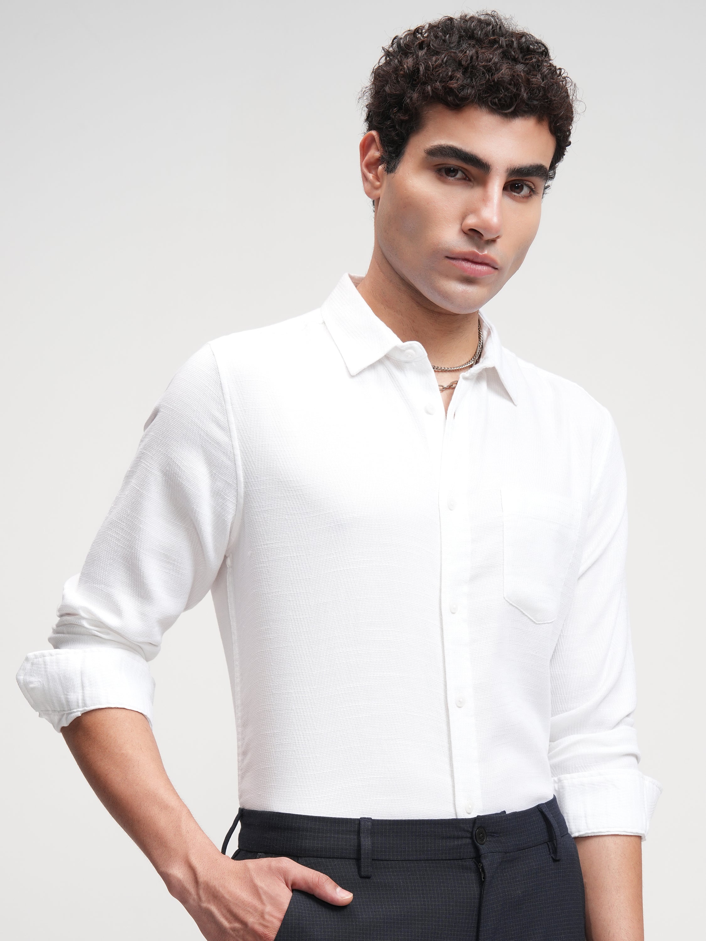 Highlander Men White Self Design Slim Fit Casual Shirt - White - Image 6
