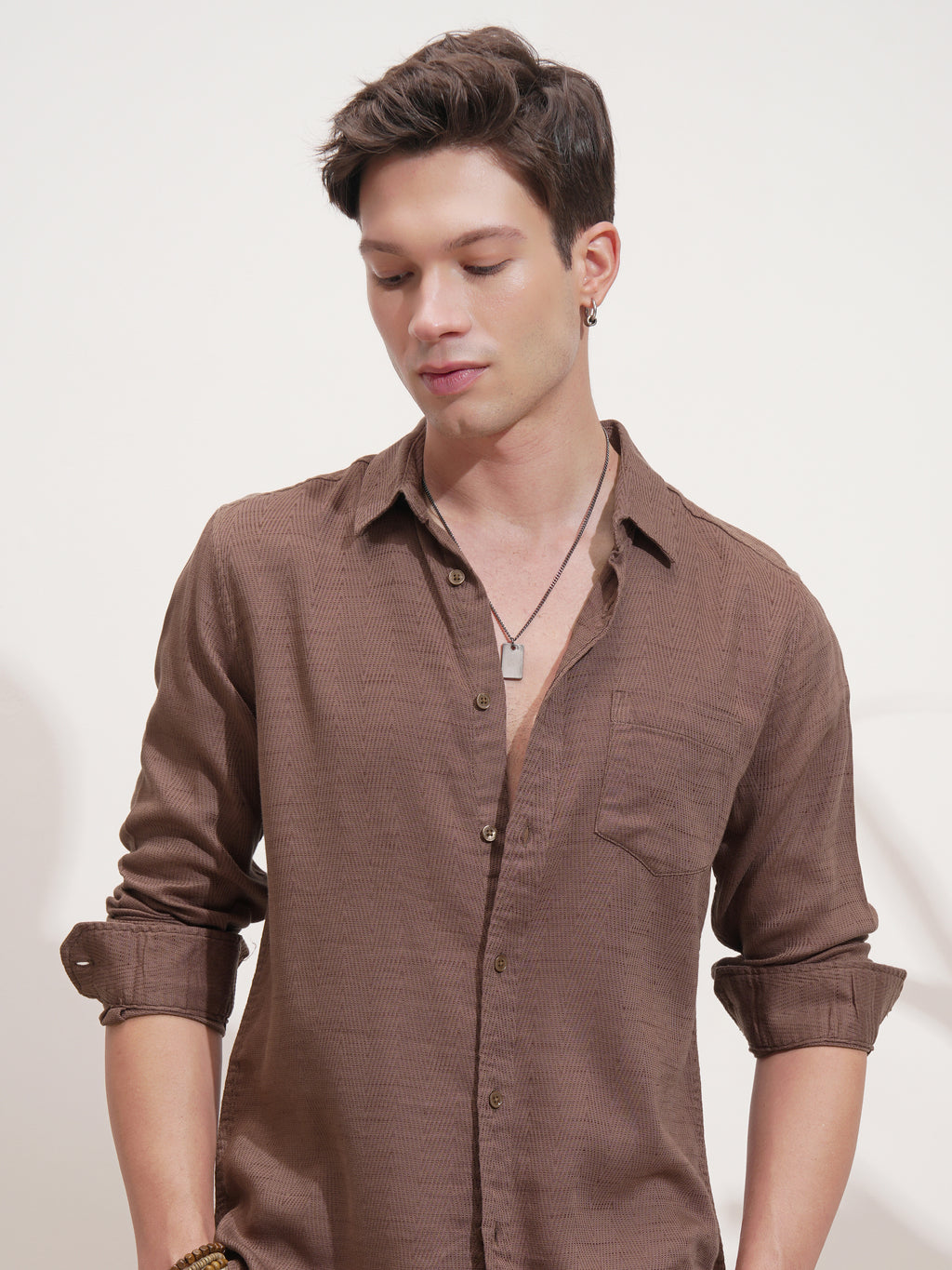 Highlander Men Brown Self Design Slim Fit Casual Shirt - Brown - Image 1