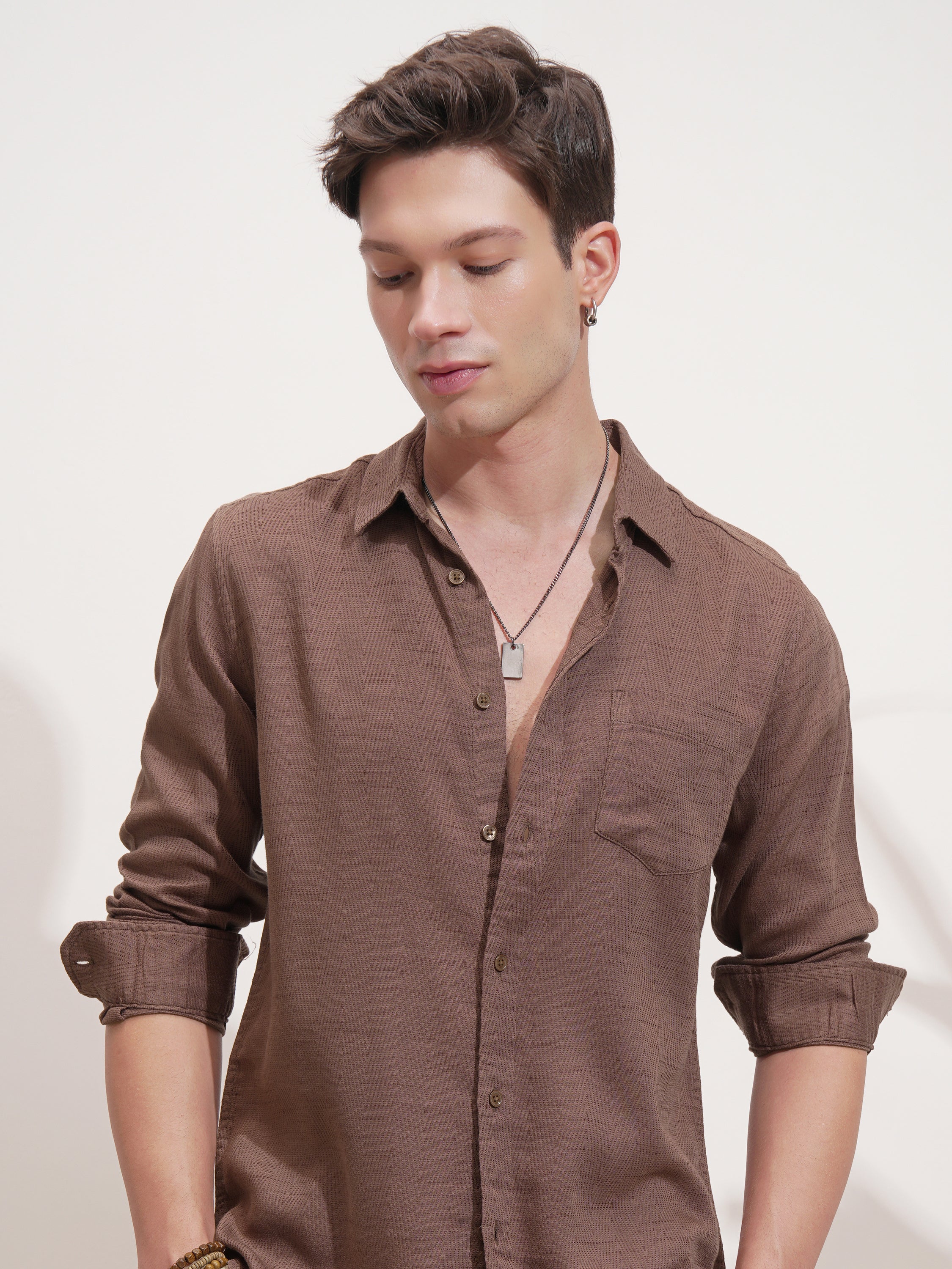 Highlander Men Brown Self Design Slim Fit Casual Shirt - Brown - Image 1