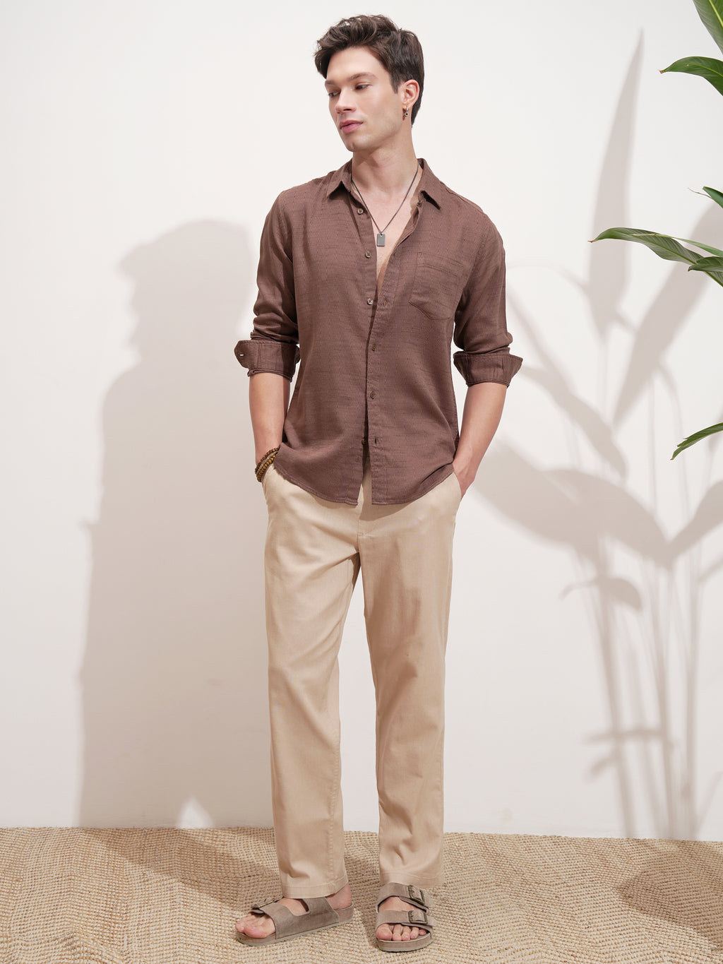 Highlander Men Brown Self Design Slim Fit Casual Shirt - Brown - Image 2