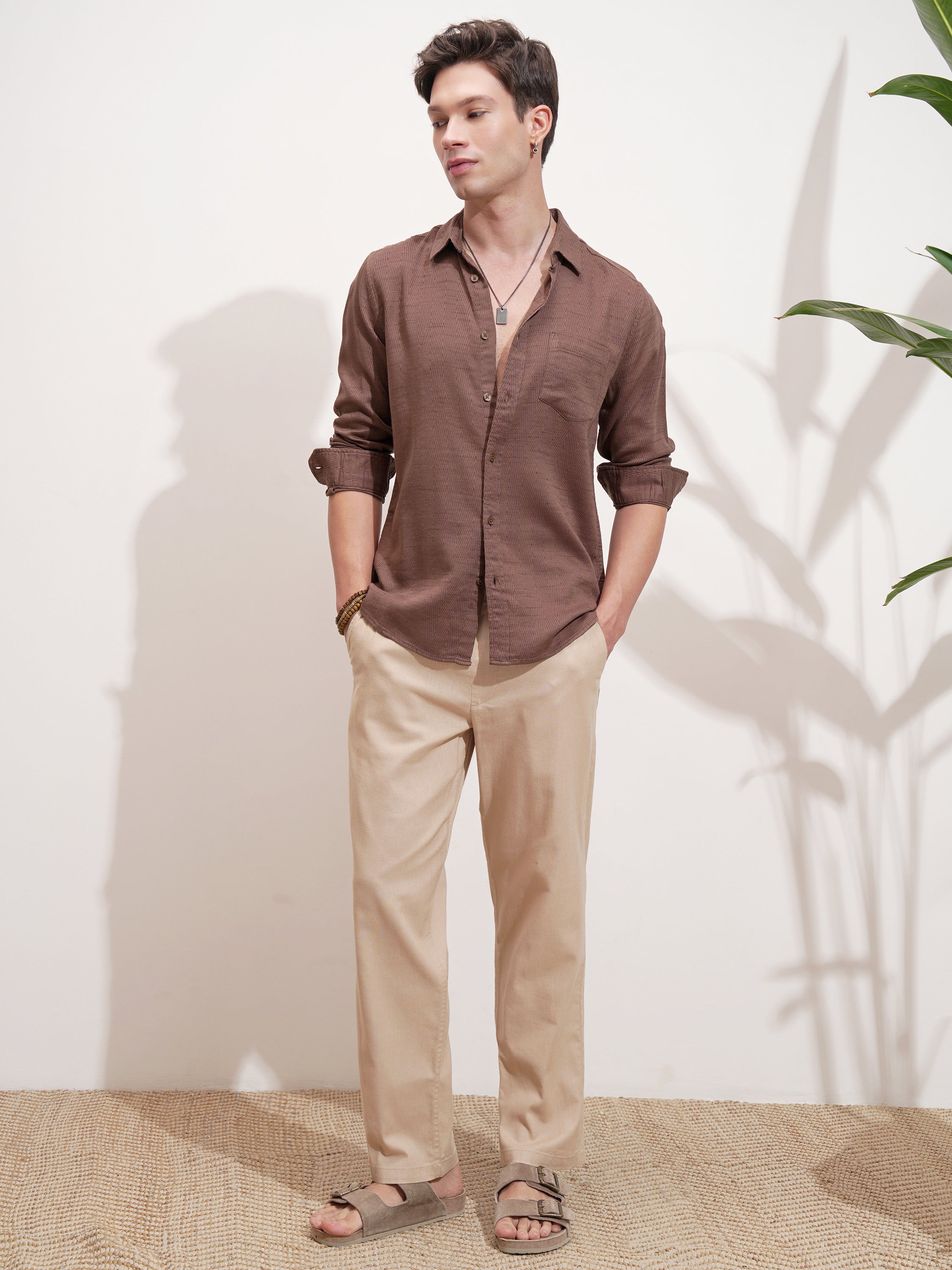 Highlander Men Brown Self Design Slim Fit Casual Shirt - Brown - Image 2