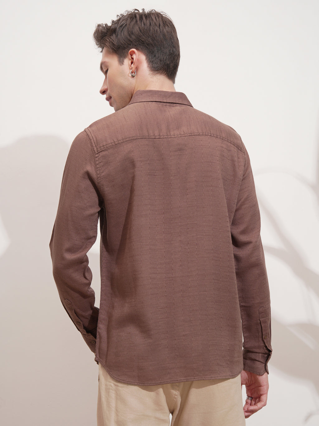 Highlander Men Brown Self Design Slim Fit Casual Shirt - Brown - Image 3