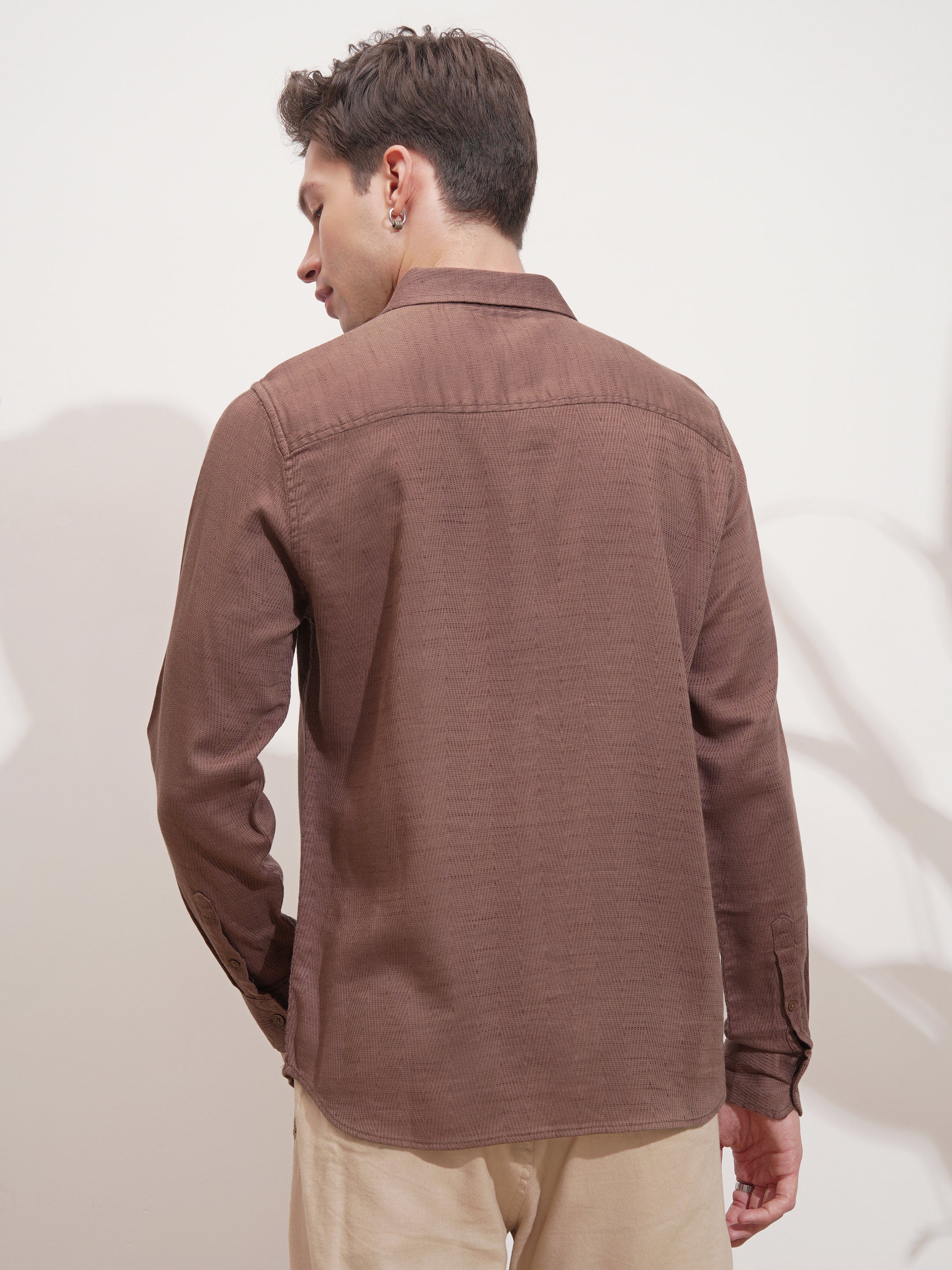 Highlander Men Brown Self Design Slim Fit Casual Shirt - Brown - Image 3
