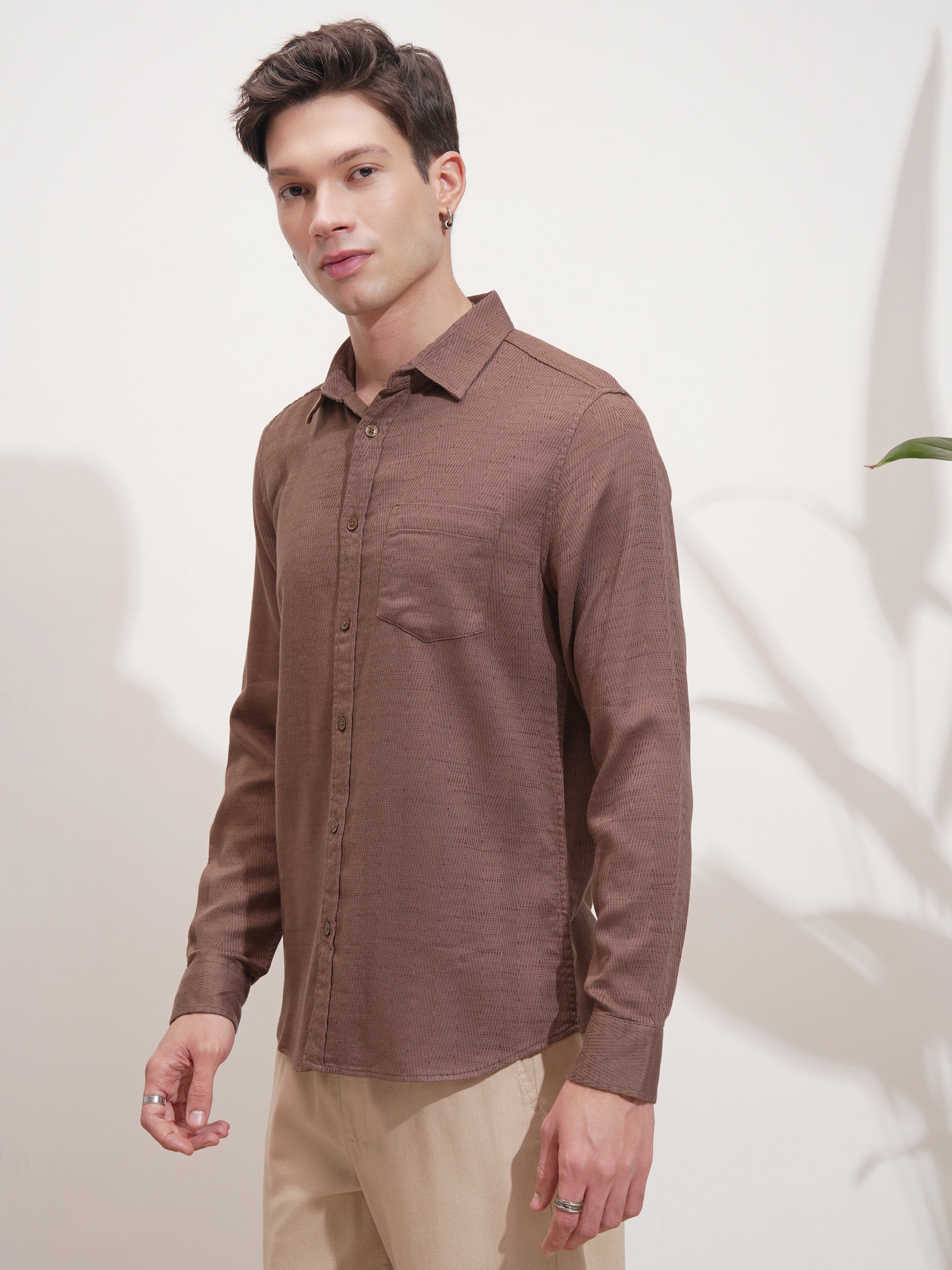 Highlander Men Brown Self Design Slim Fit Casual Shirt - Brown - Image 4