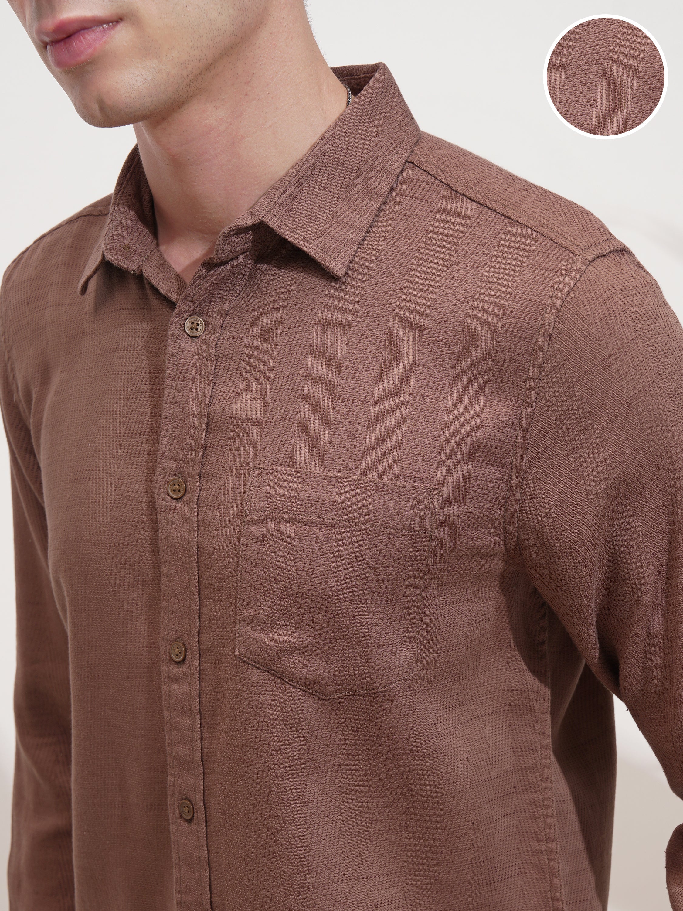 Highlander Men Brown Self Design Slim Fit Casual Shirt - Brown - Image 5