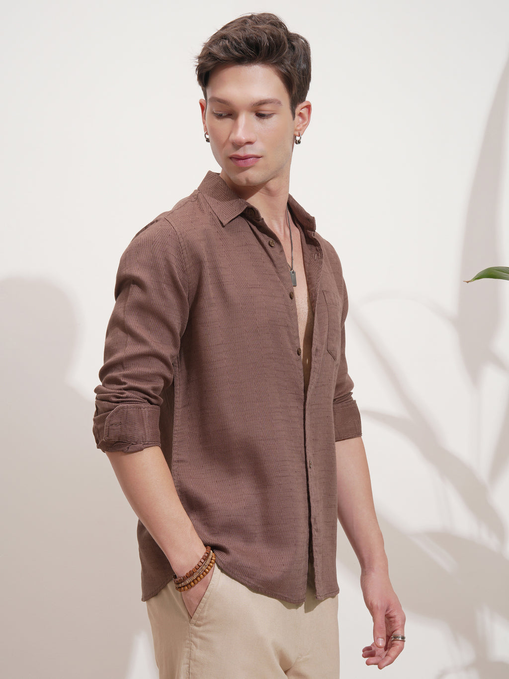 Highlander Men Brown Self Design Slim Fit Casual Shirt - Brown - Image 6
