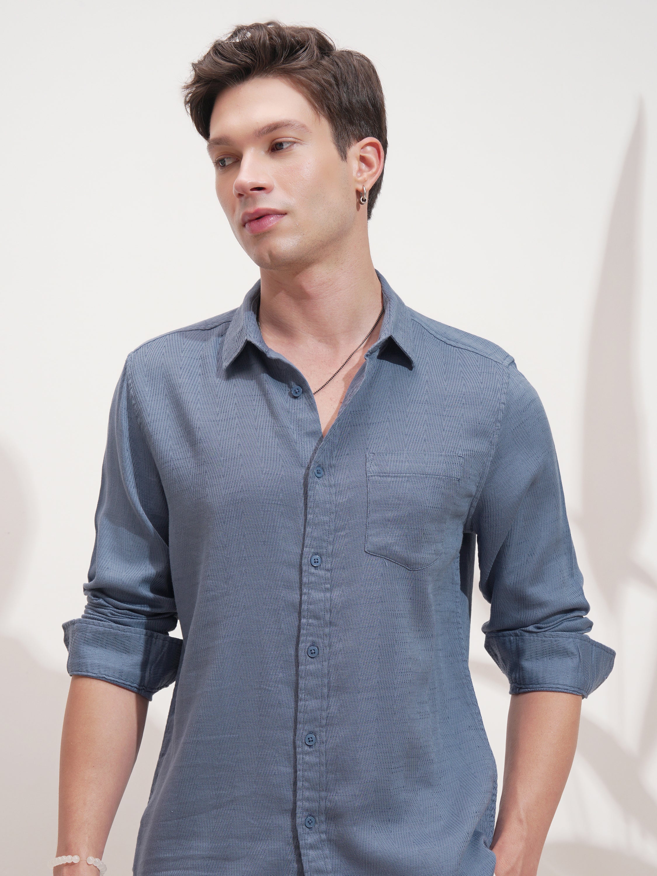 Highlander Men Blue Self Design Slim Fit Casual Shirt - Blue - Image 1