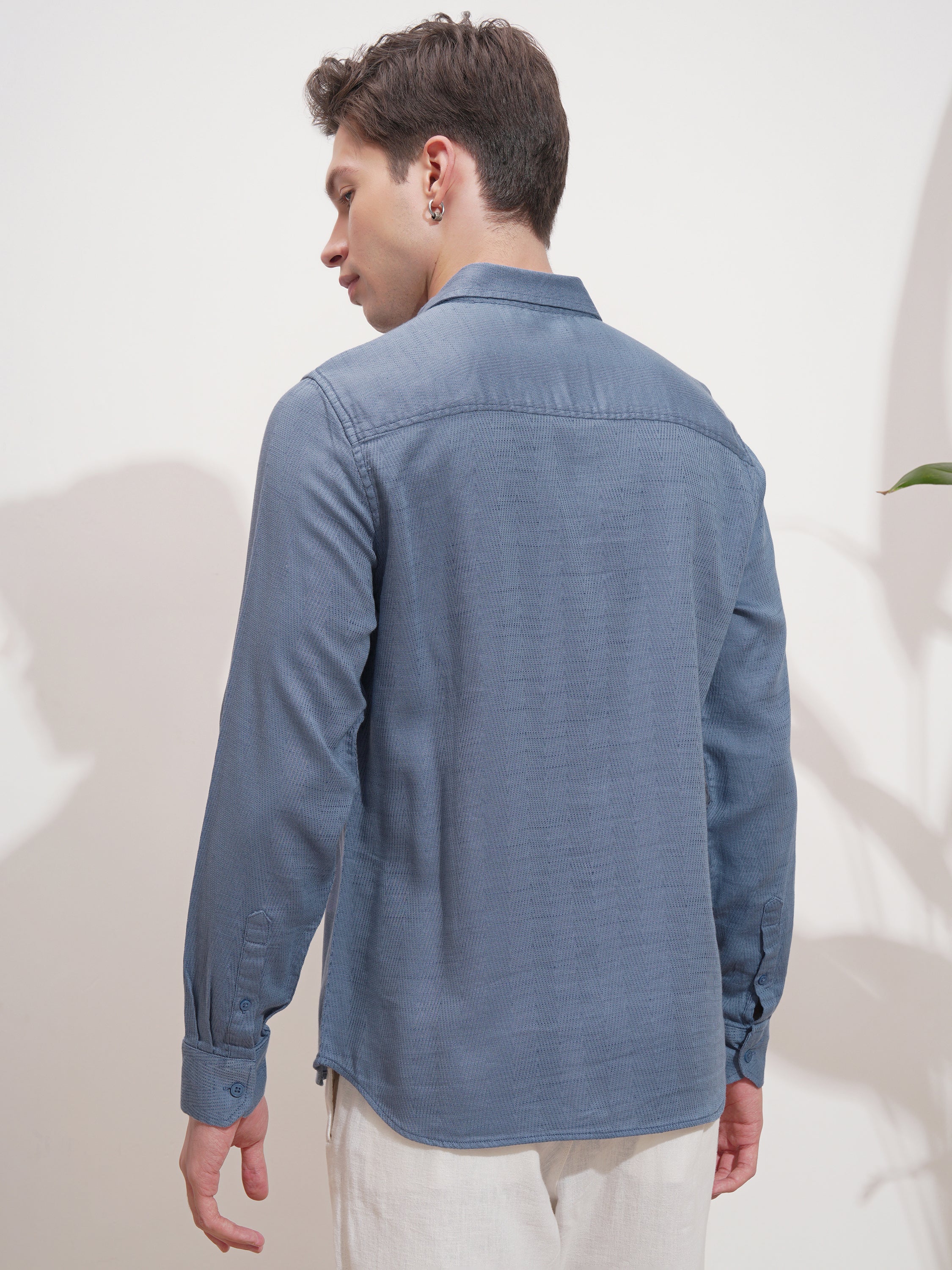 Highlander Men Blue Self Design Slim Fit Casual Shirt - Blue - Image 3