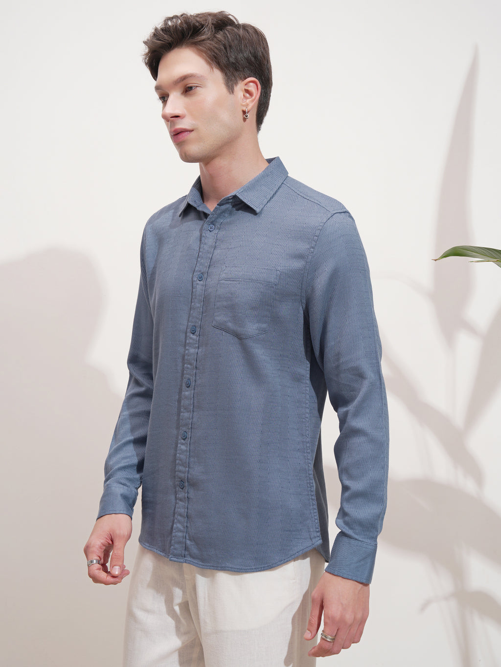 Highlander Men Blue Self Design Slim Fit Casual Shirt - Blue - Image 4