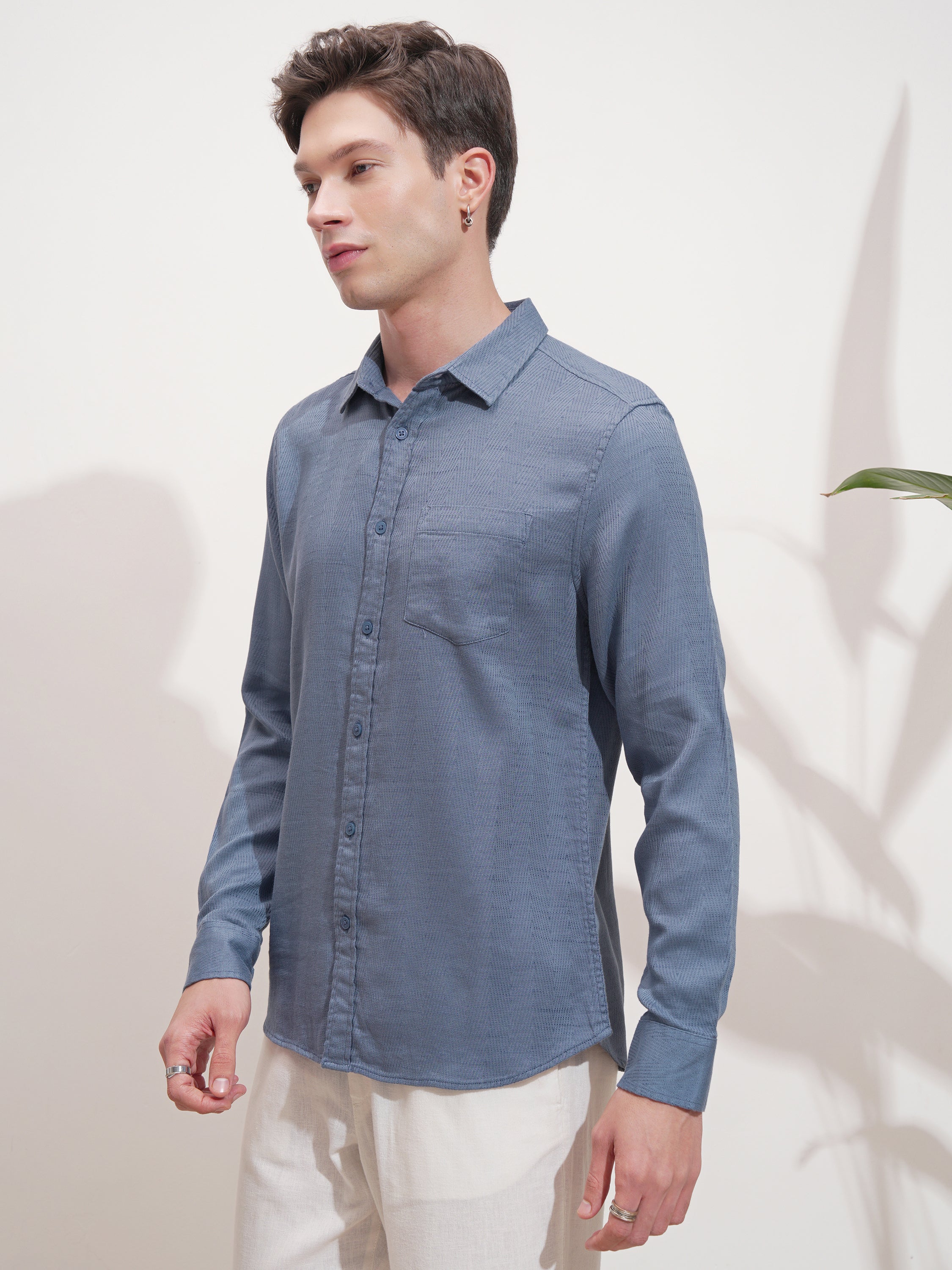 Highlander Men Blue Self Design Slim Fit Casual Shirt - Blue - Image 4