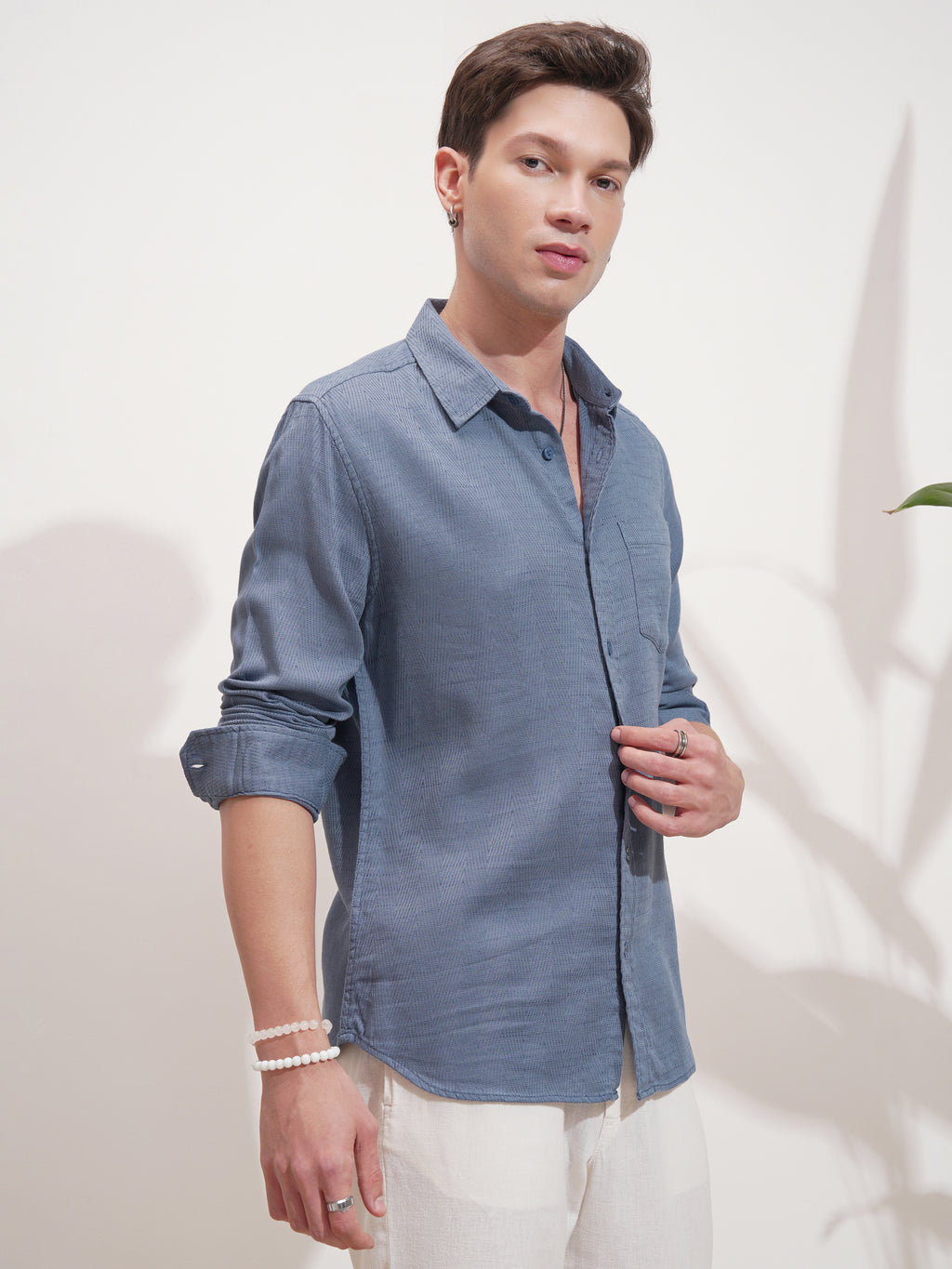Highlander Men Blue Self Design Slim Fit Casual Shirt - Blue - Image 6
