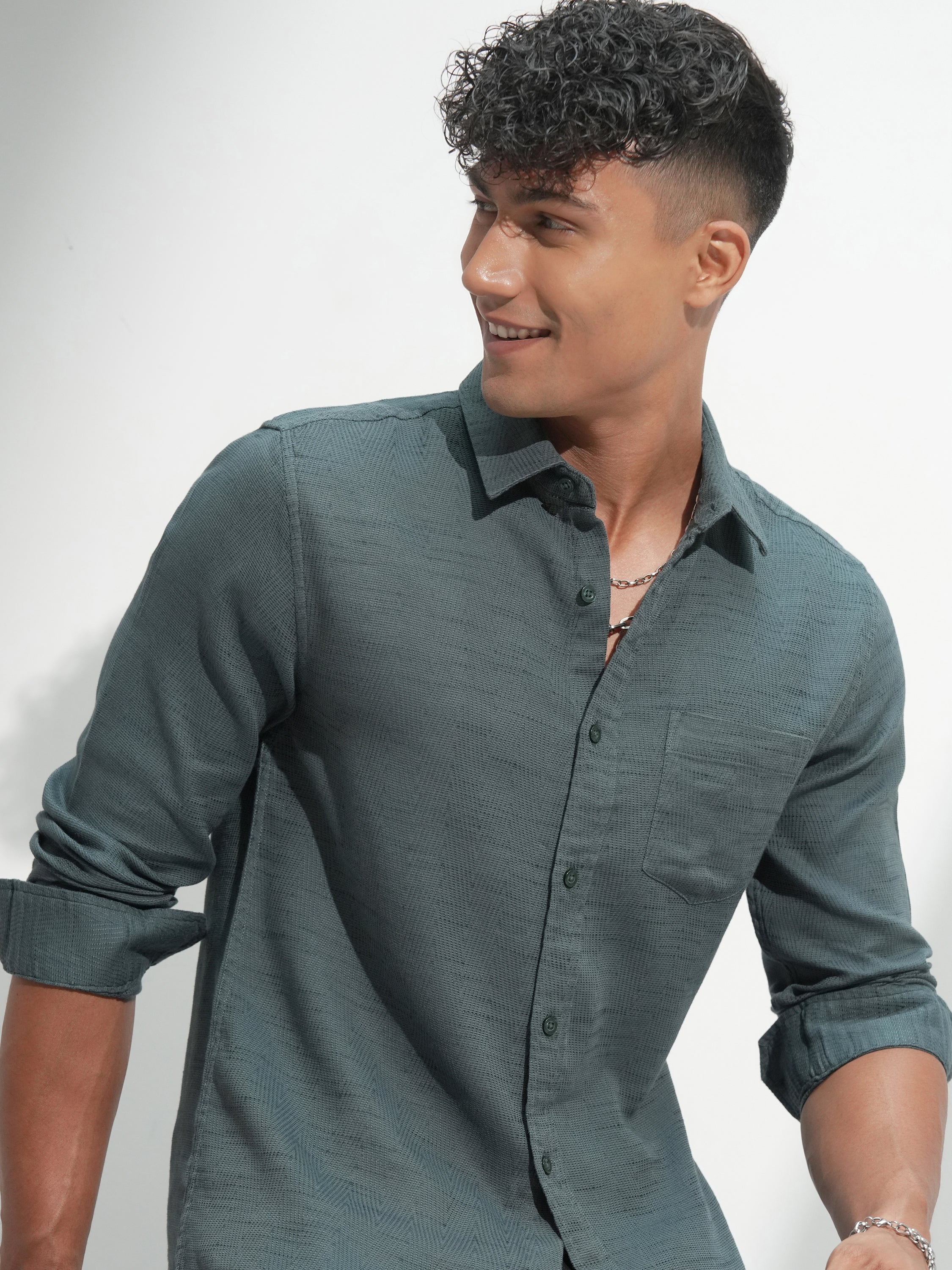 Highlander Men Green Self Design Slim Fit Casual Shirt - Green - Image 1