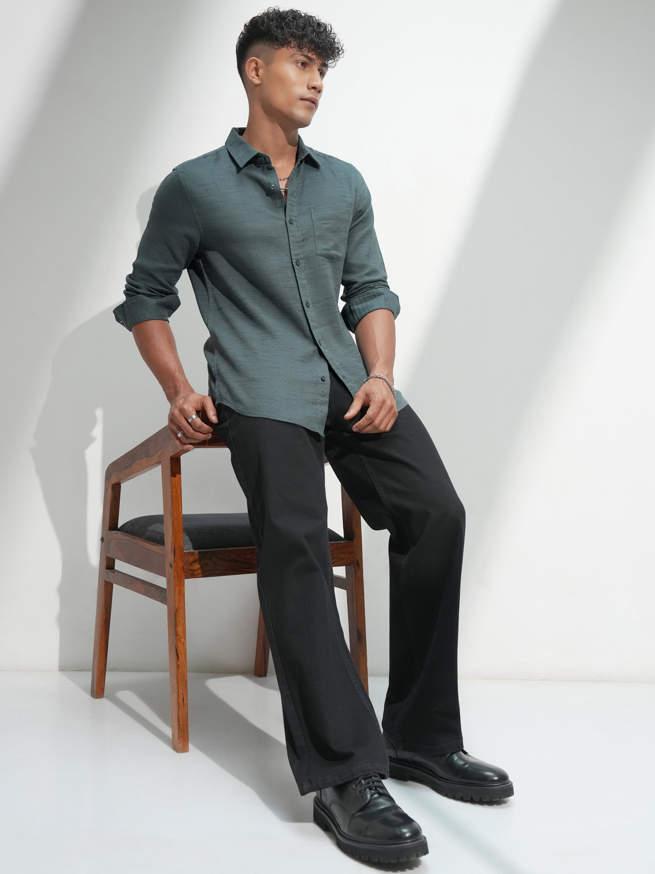 Highlander Men Green Self Design Slim Fit Casual Shirt - Green - Image 2