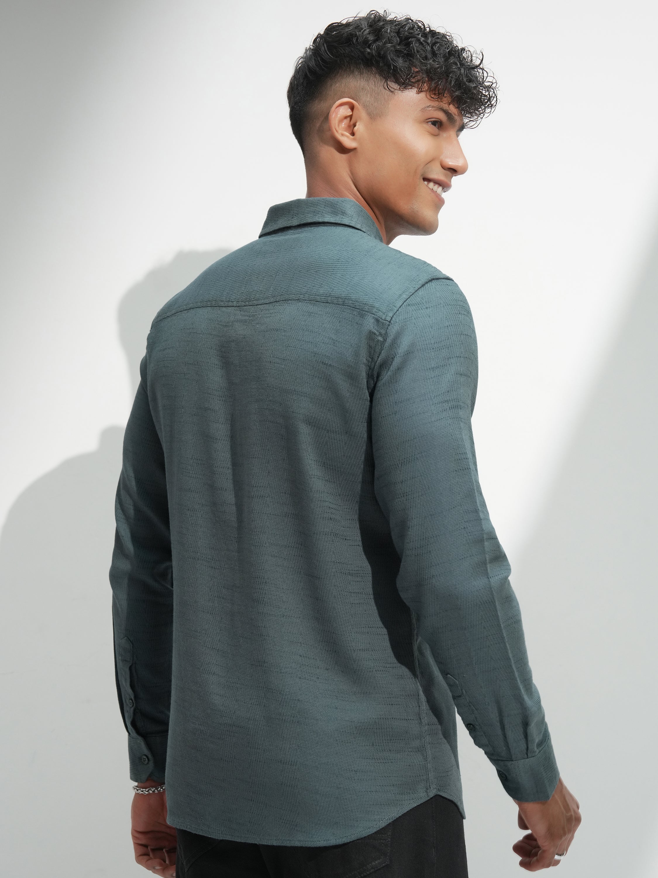 Highlander Men Green Self Design Slim Fit Casual Shirt - Green - Image 3