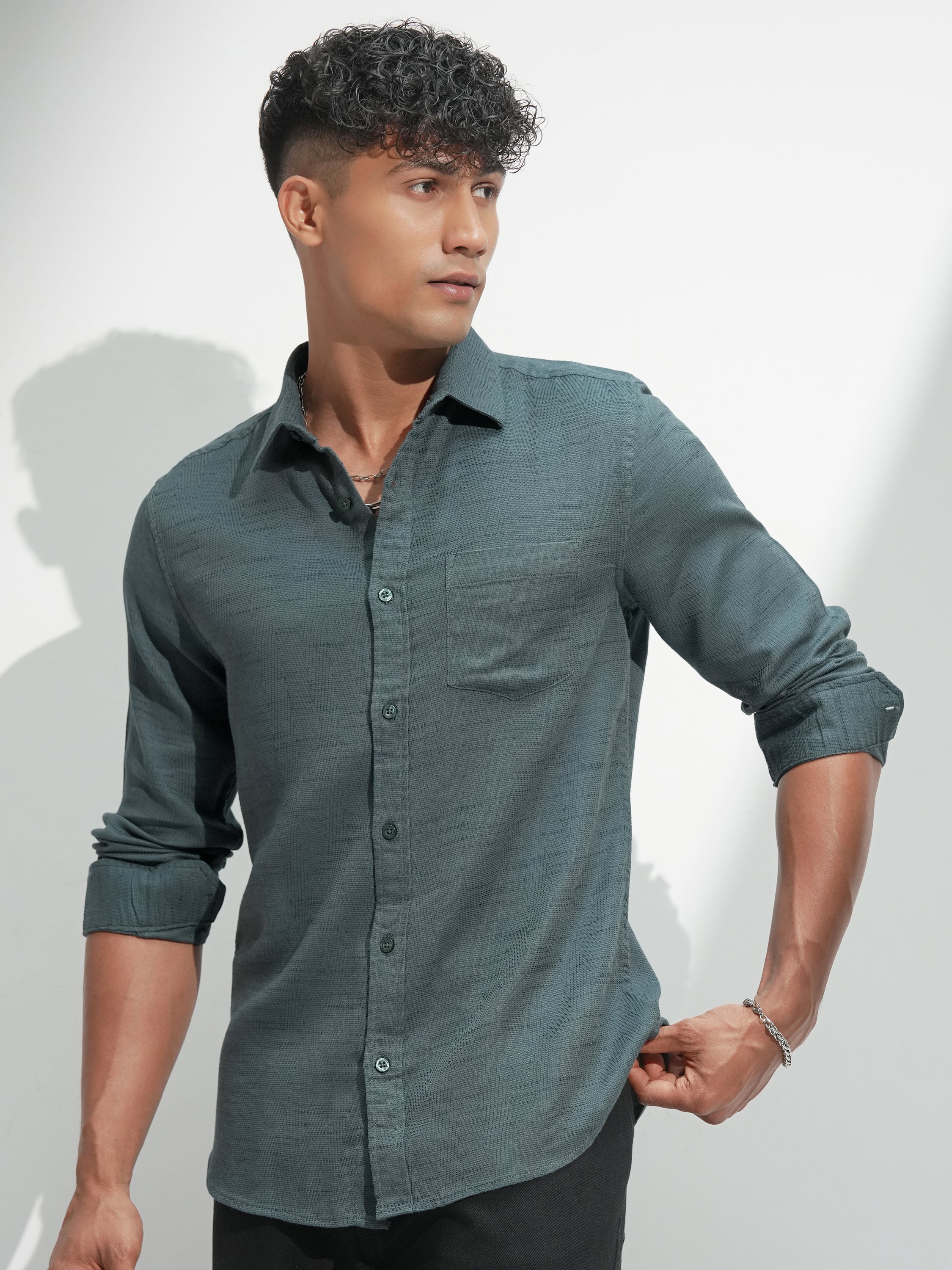 Highlander Men Green Self Design Slim Fit Casual Shirt - Green - Image 4
