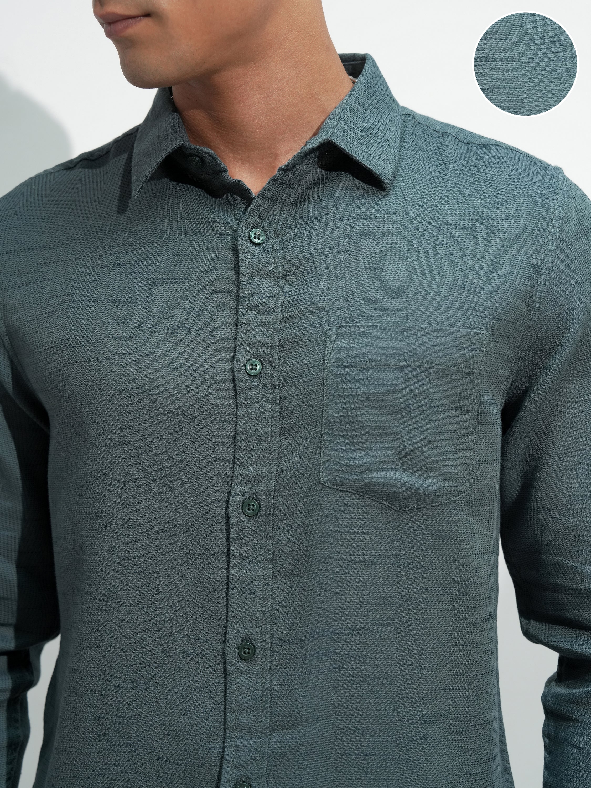Highlander Men Green Self Design Slim Fit Casual Shirt - Green - Image 5