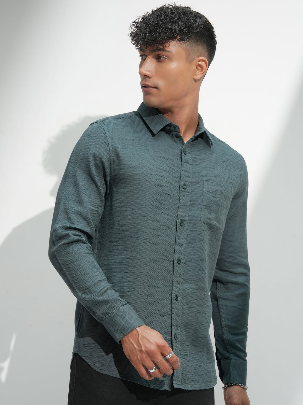 Highlander Men Green Self Design Slim Fit Casual Shirt - Green - Image 6