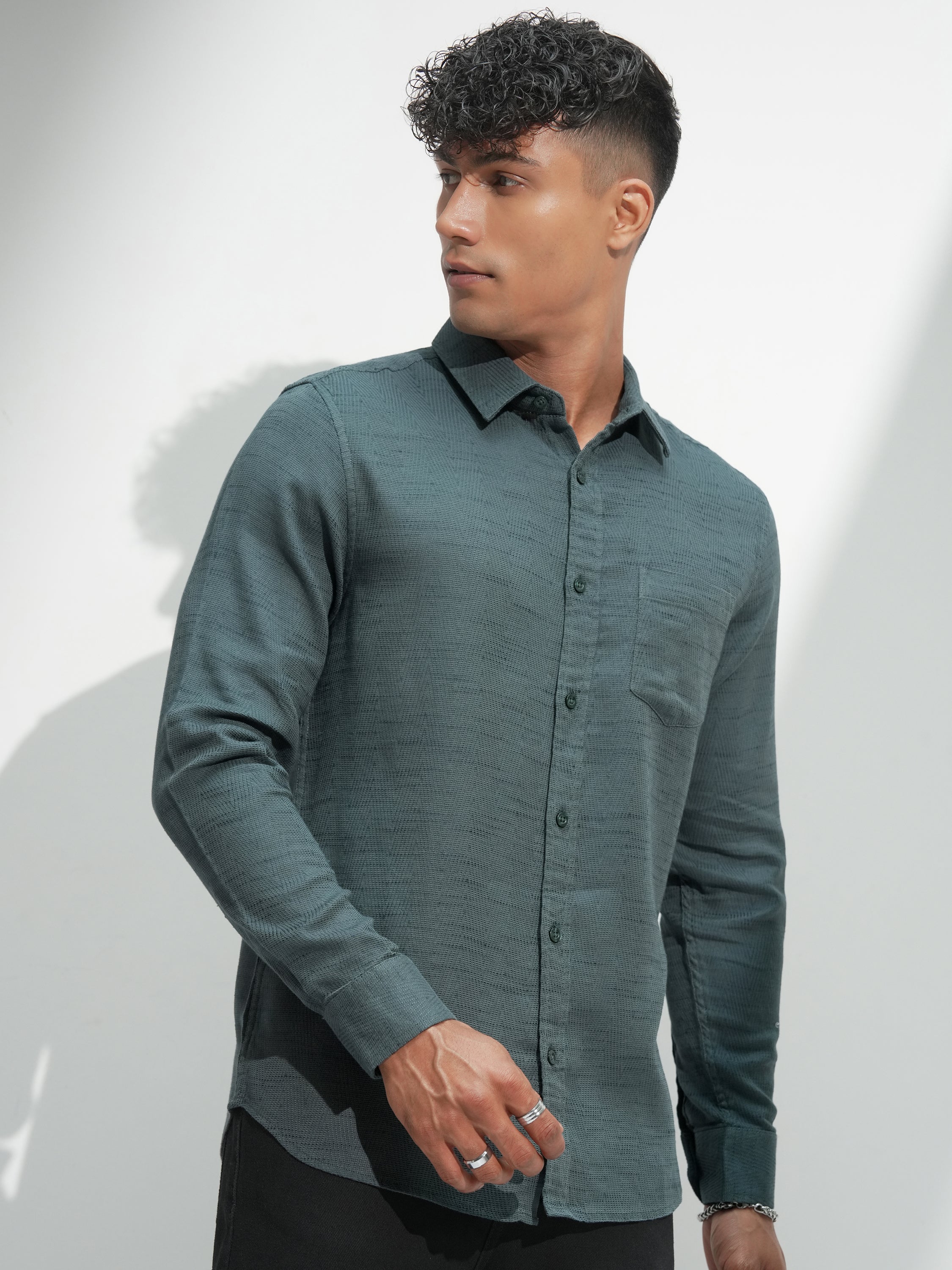 Highlander Men Green Self Design Slim Fit Casual Shirt - Green - Image 6