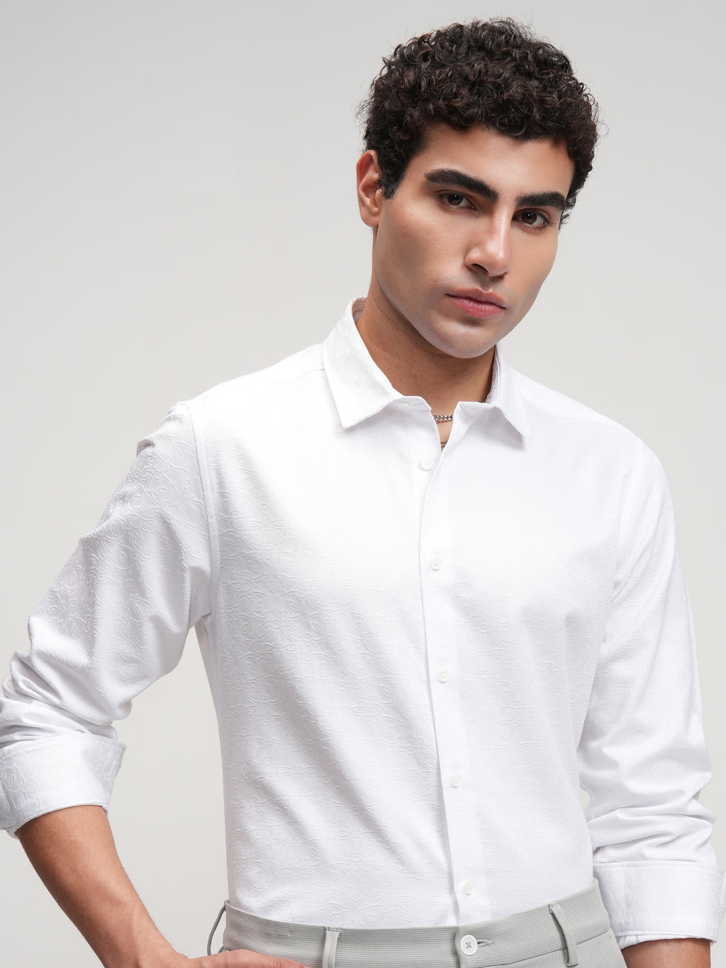 Highlander Men White Self Design Slim Fit Casual Shirt - White - Image 1