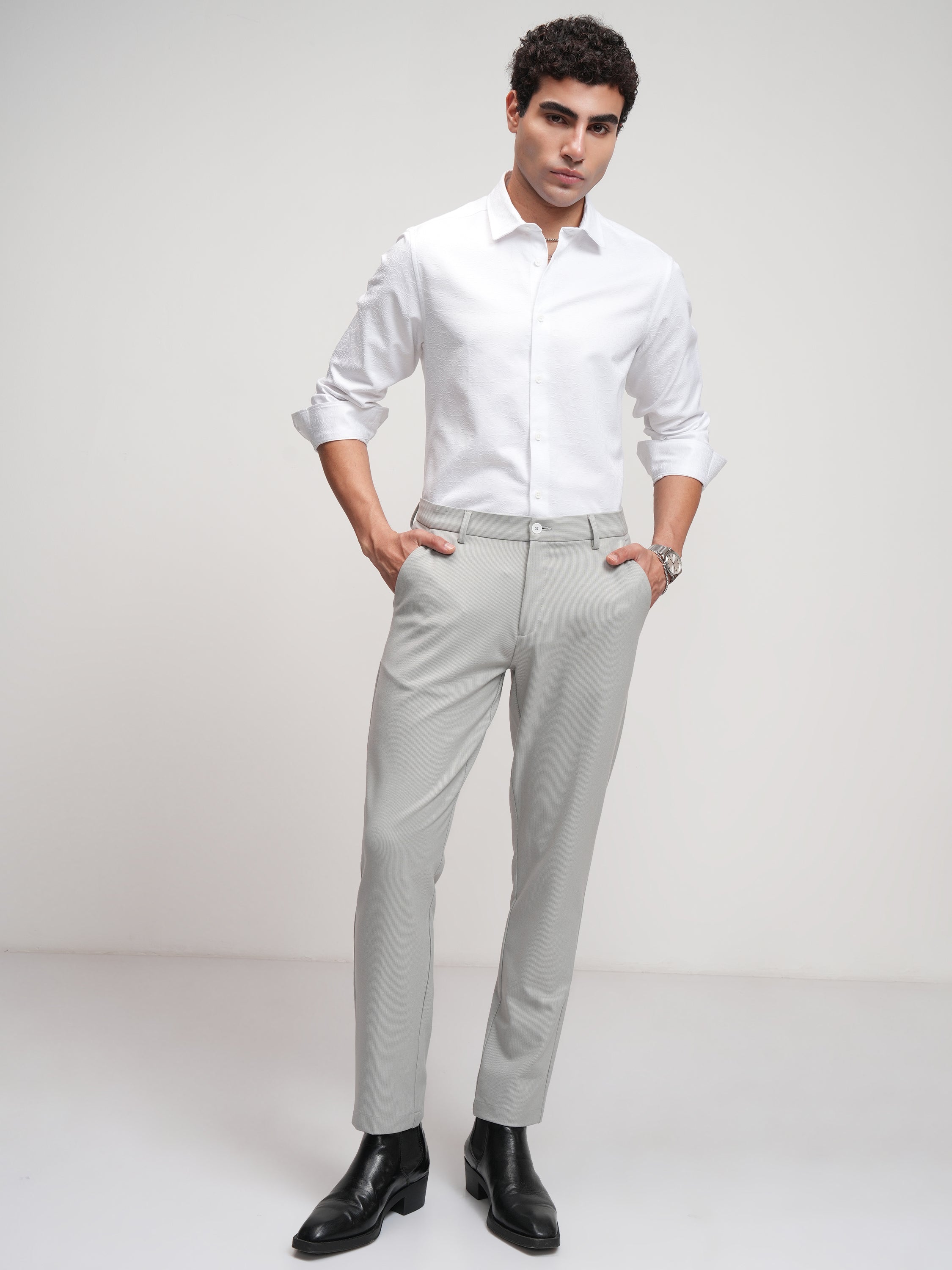 Highlander Men White Self Design Slim Fit Casual Shirt - White - Image 2