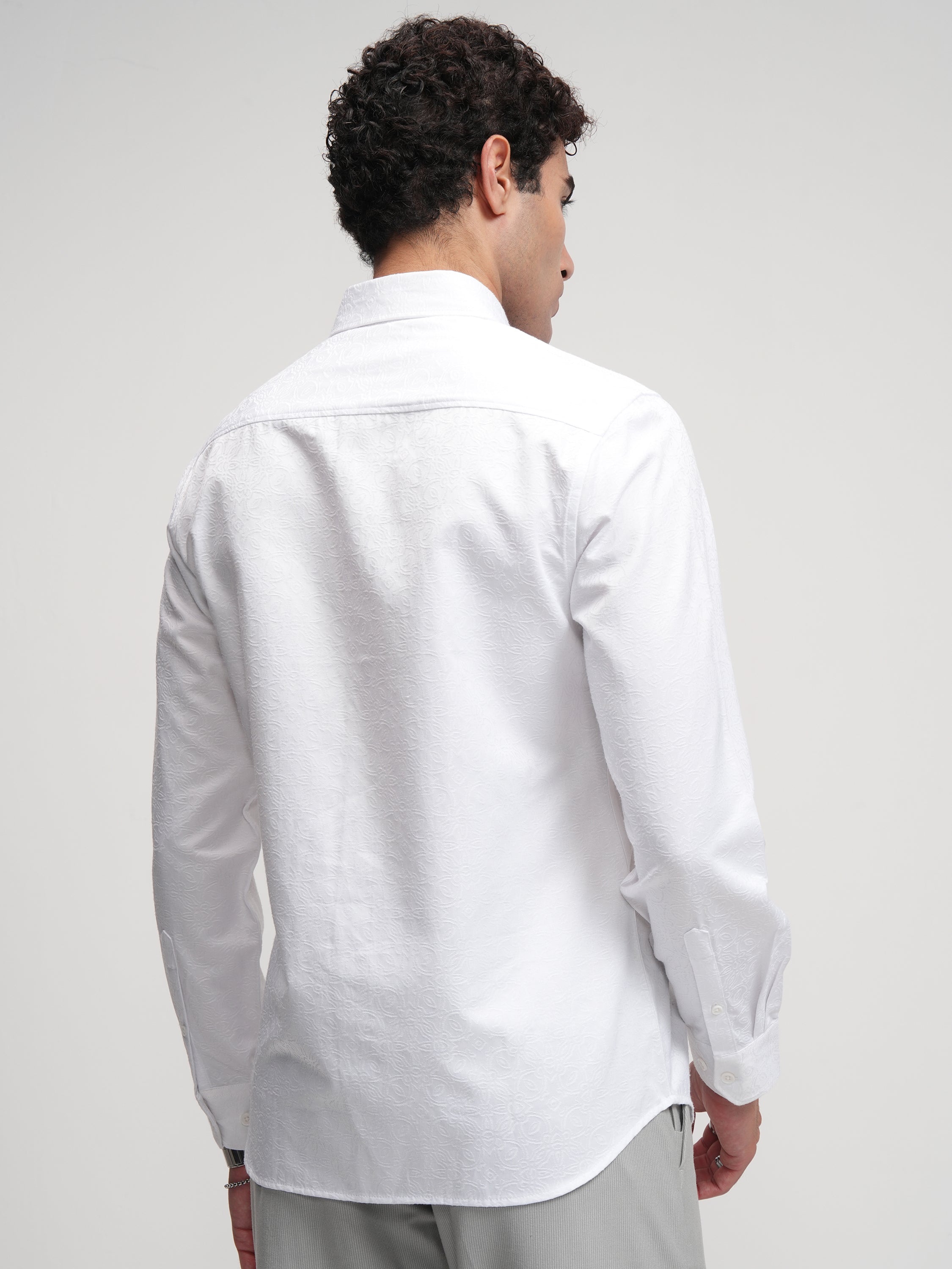 Highlander Men White Self Design Slim Fit Casual Shirt - White - Image 3