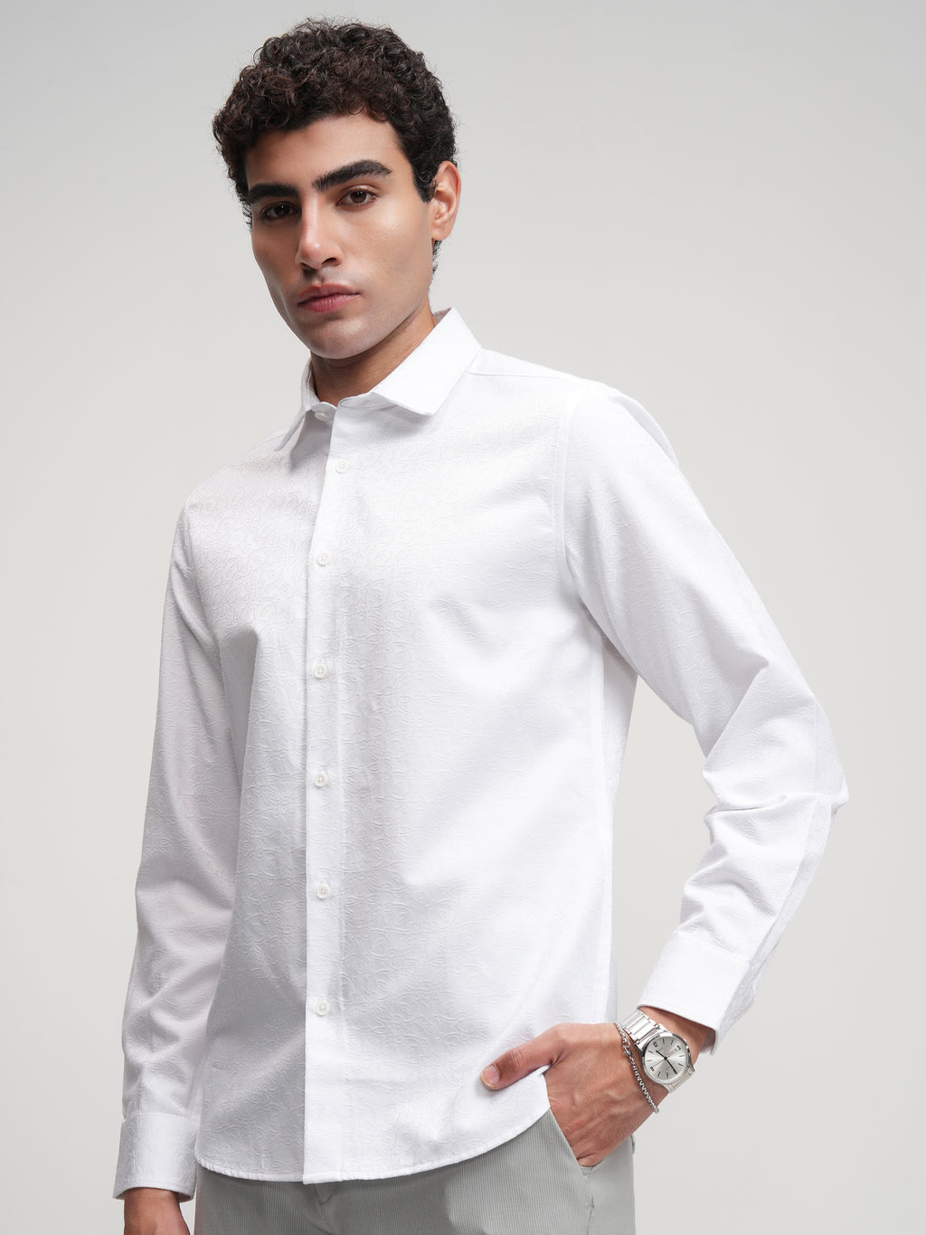 Highlander Men White Self Design Slim Fit Casual Shirt - White - Image 4