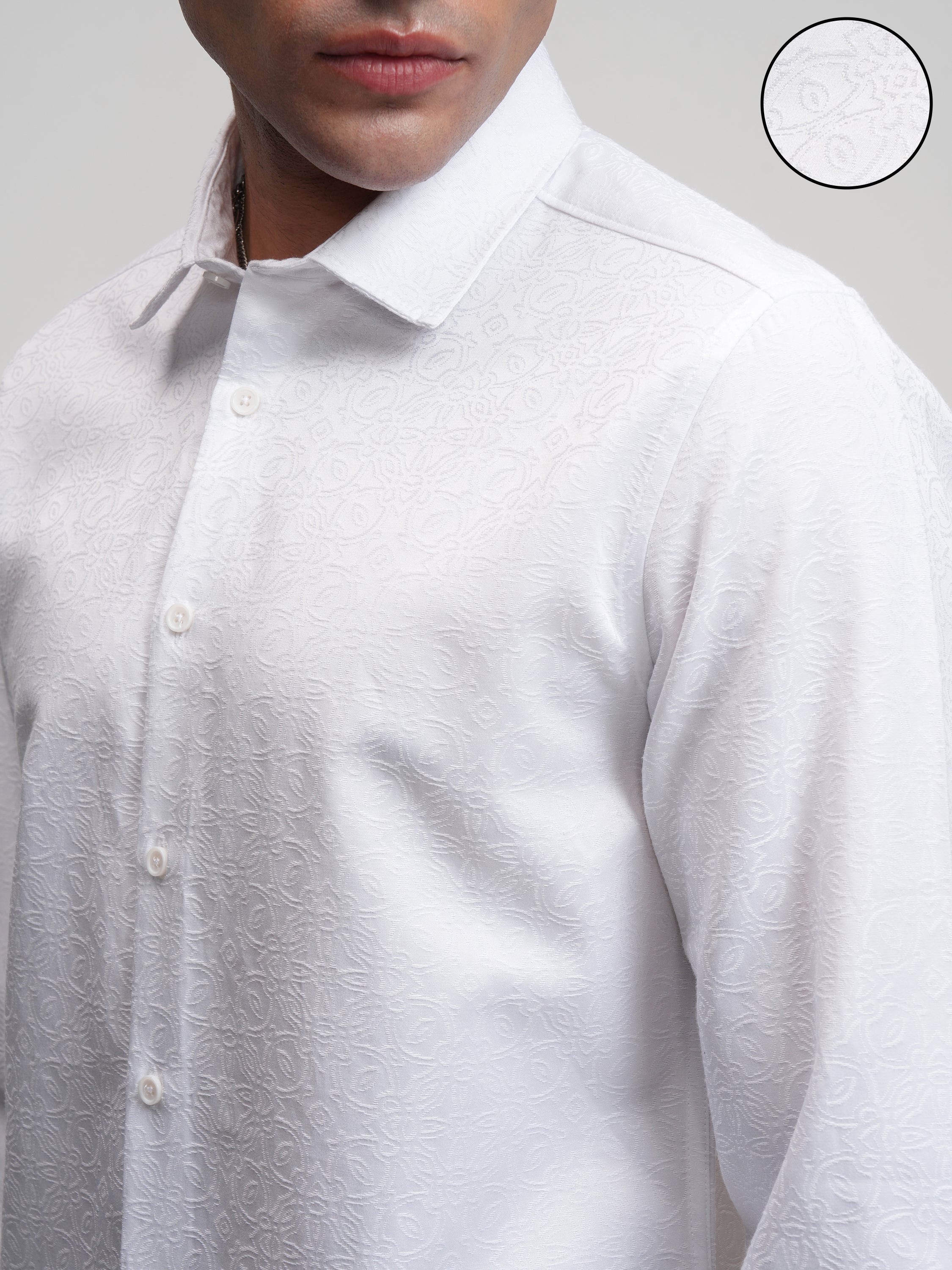 Highlander Men White Self Design Slim Fit Casual Shirt - White - Image 5