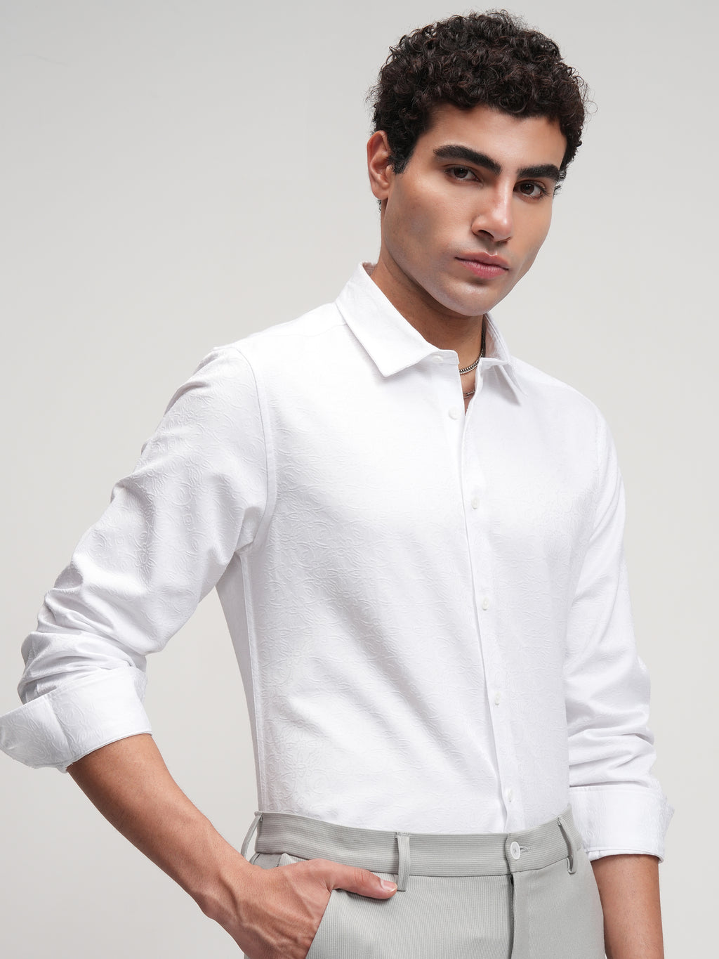 Highlander Men White Self Design Slim Fit Casual Shirt - White - Image 6