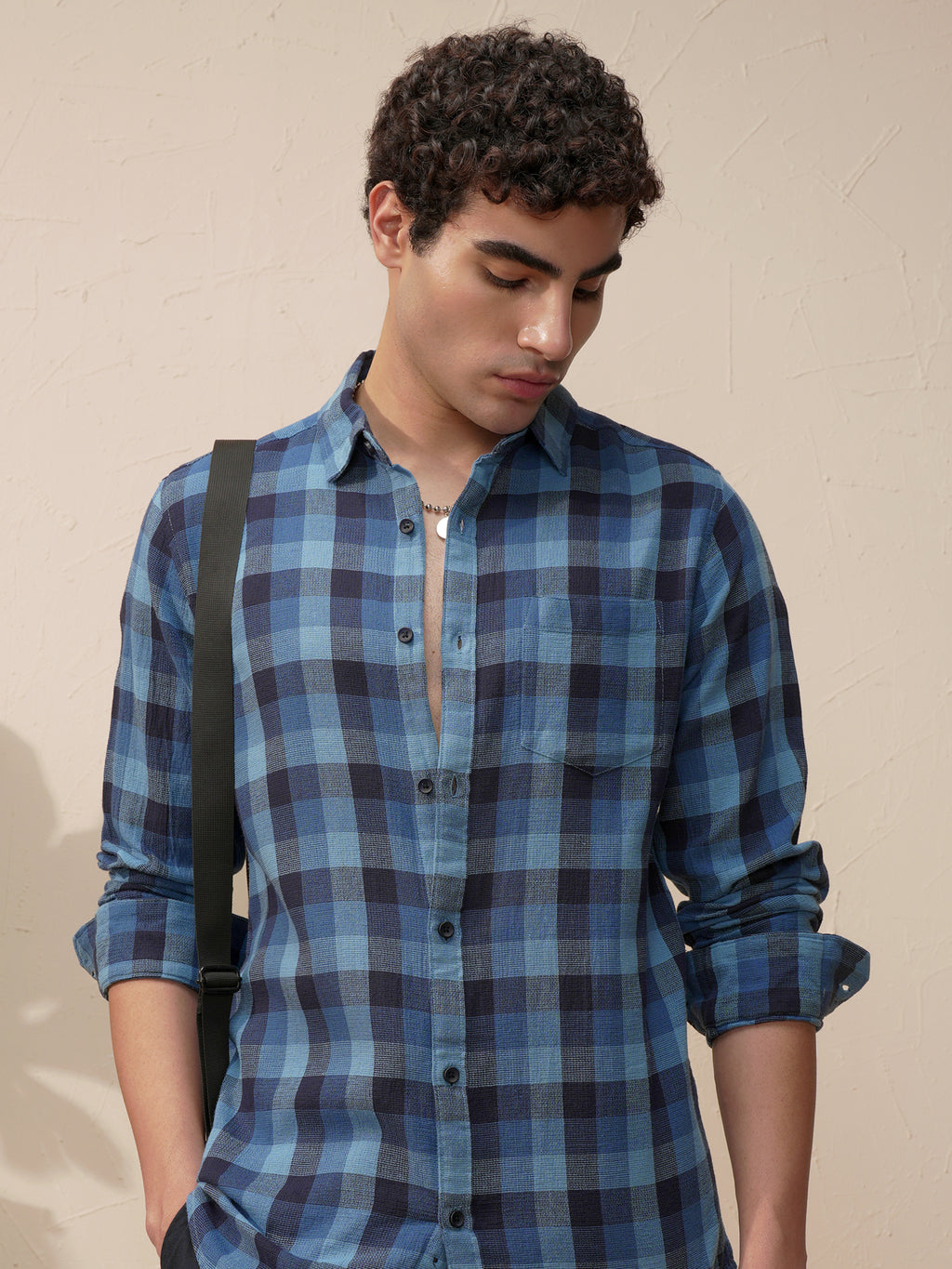 Highlander Men Blue Checked Slim Fit Casual Shirt - Blue - Image 1