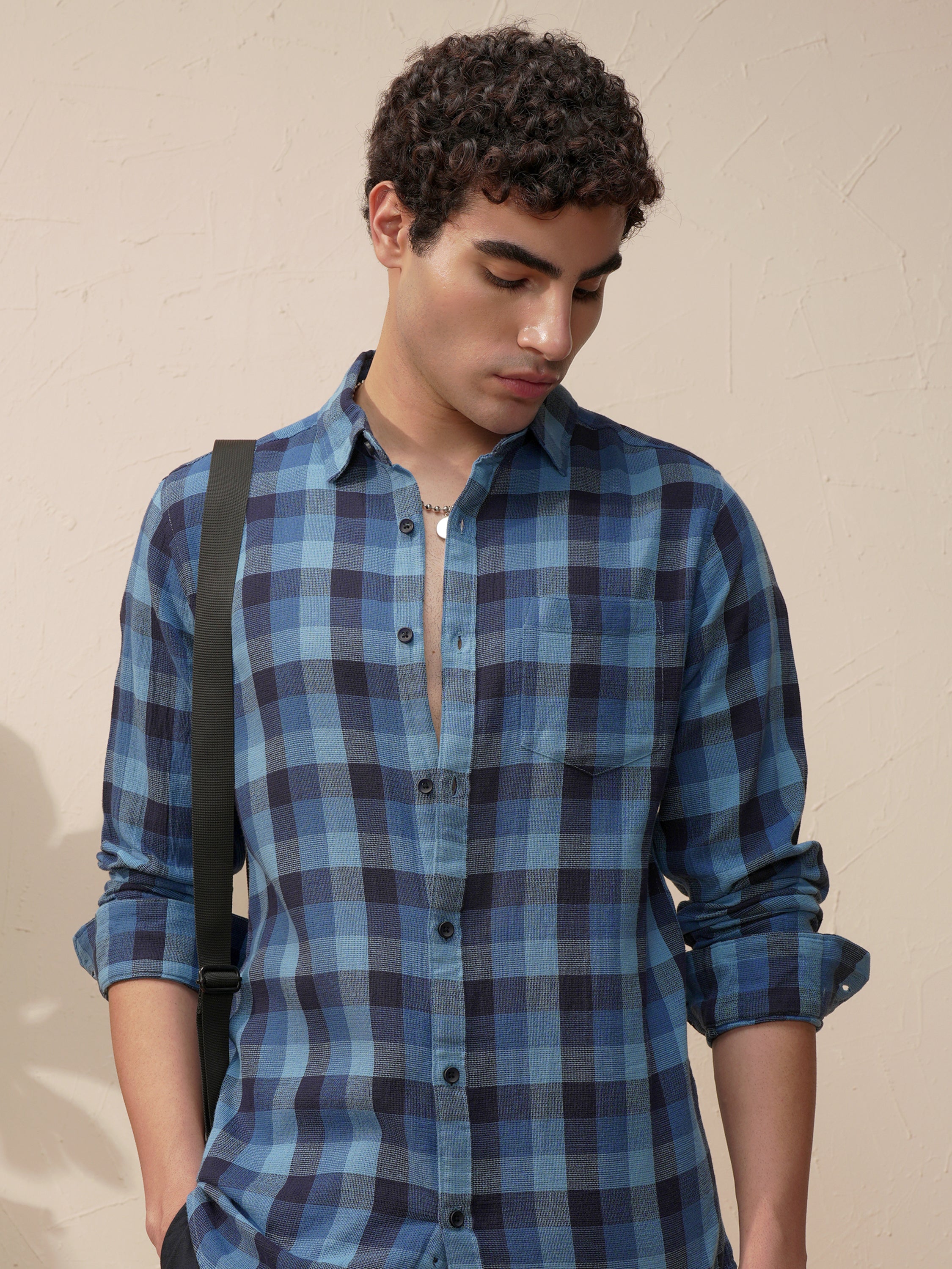 Highlander Men Blue Checked Slim Fit Casual Shirt - Blue - Image 1