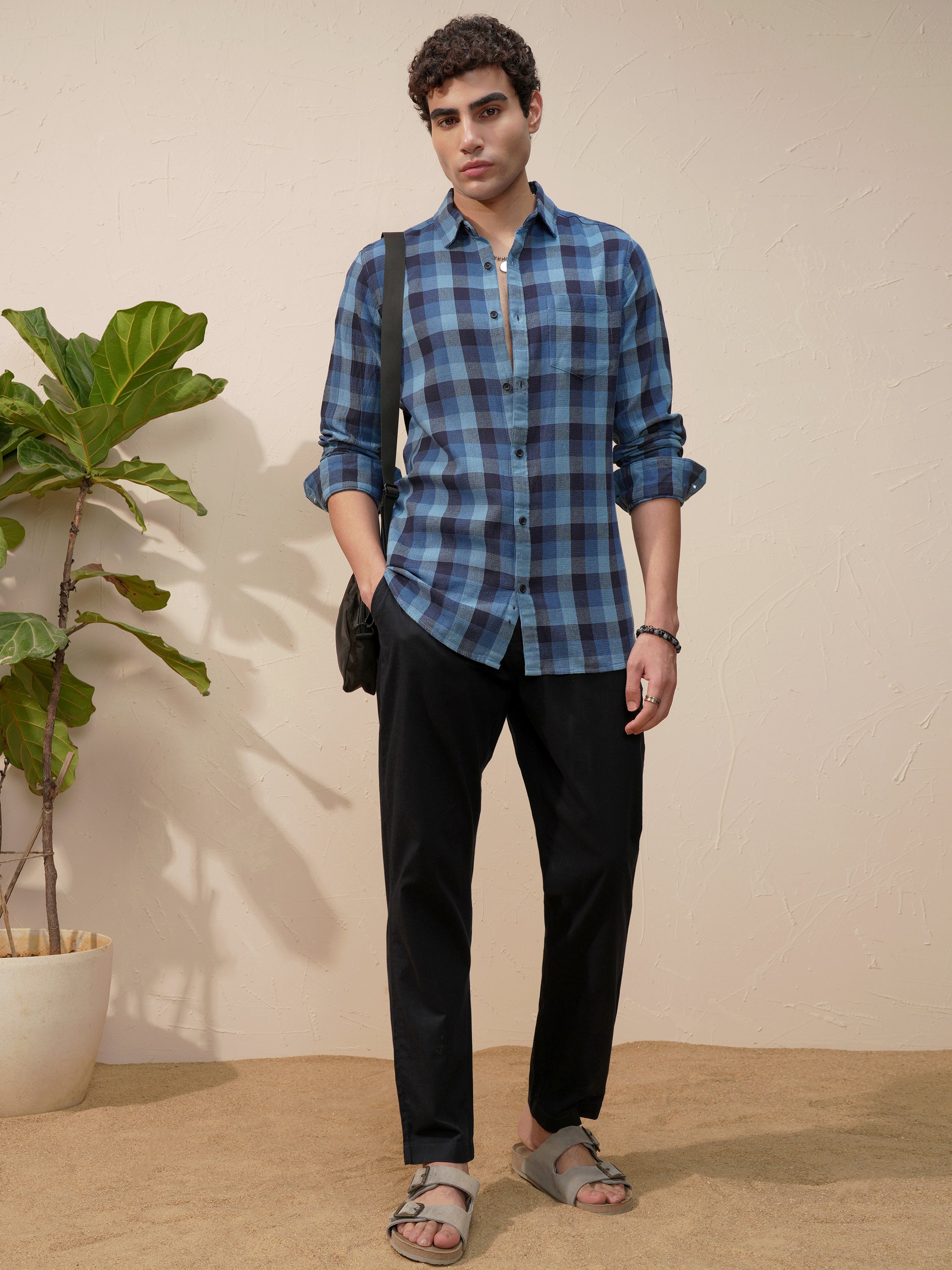 Highlander Men Blue Checked Slim Fit Casual Shirt - Blue - Image 2