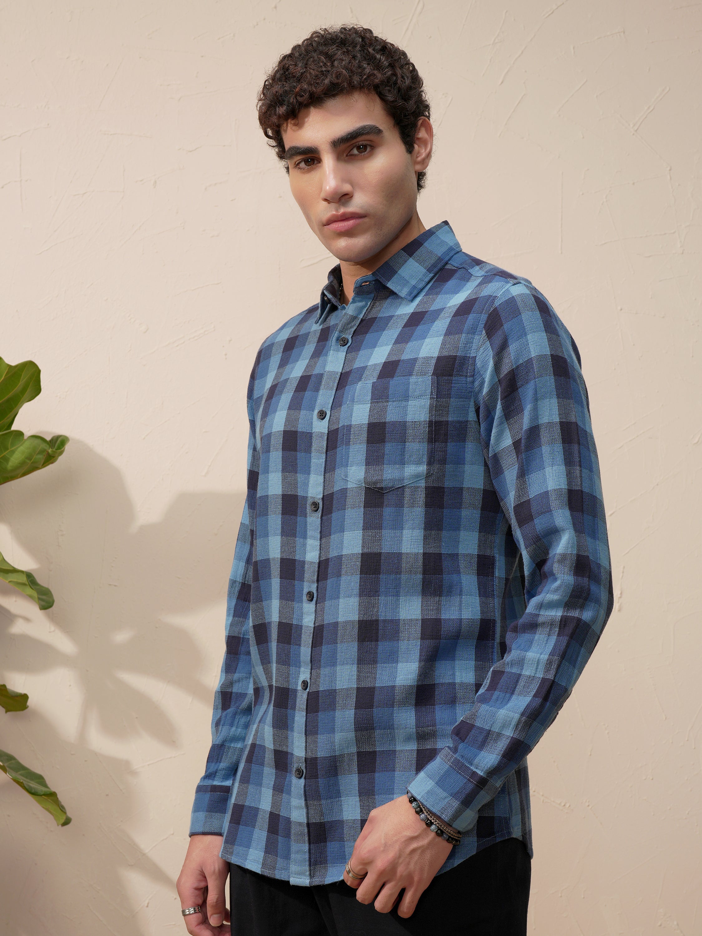 Highlander Men Blue Checked Slim Fit Casual Shirt - Blue - Image 4