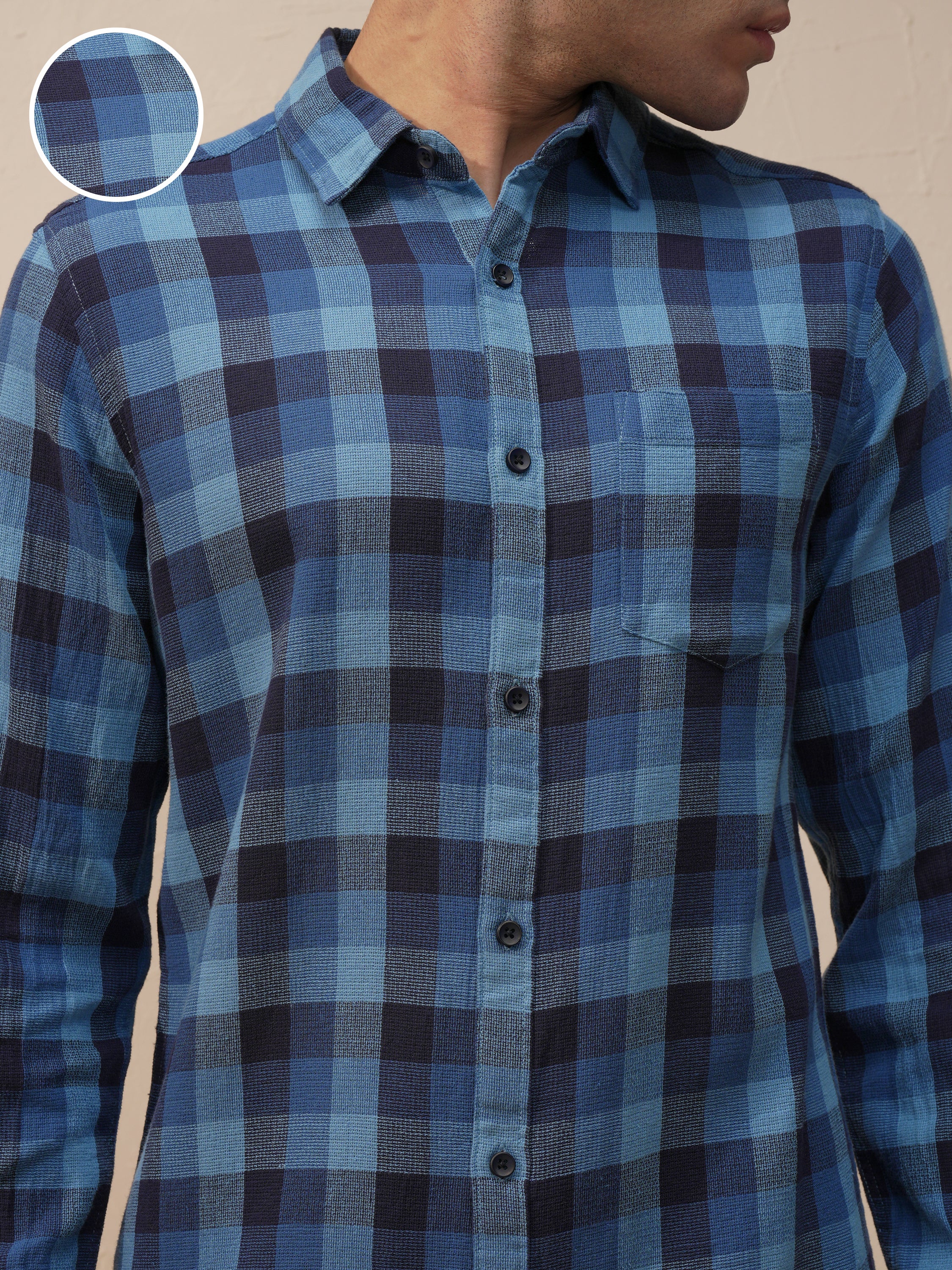 Highlander Men Blue Checked Slim Fit Casual Shirt - Blue - Image 5