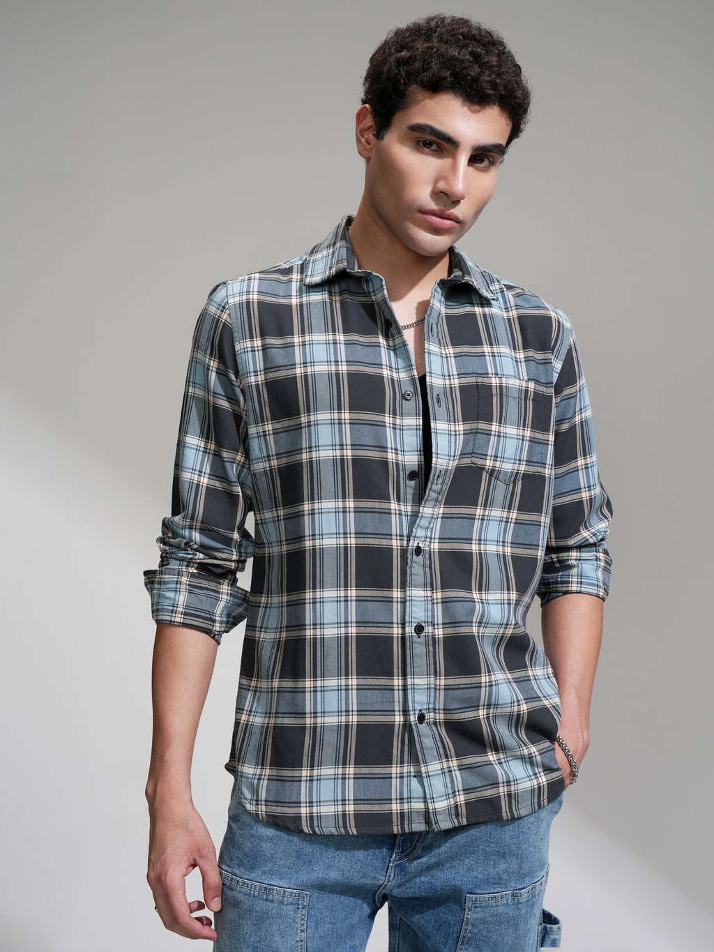 Highlander Men Charcoal Checked Slim Fit Casual Shirt - Charcoal - Image 1