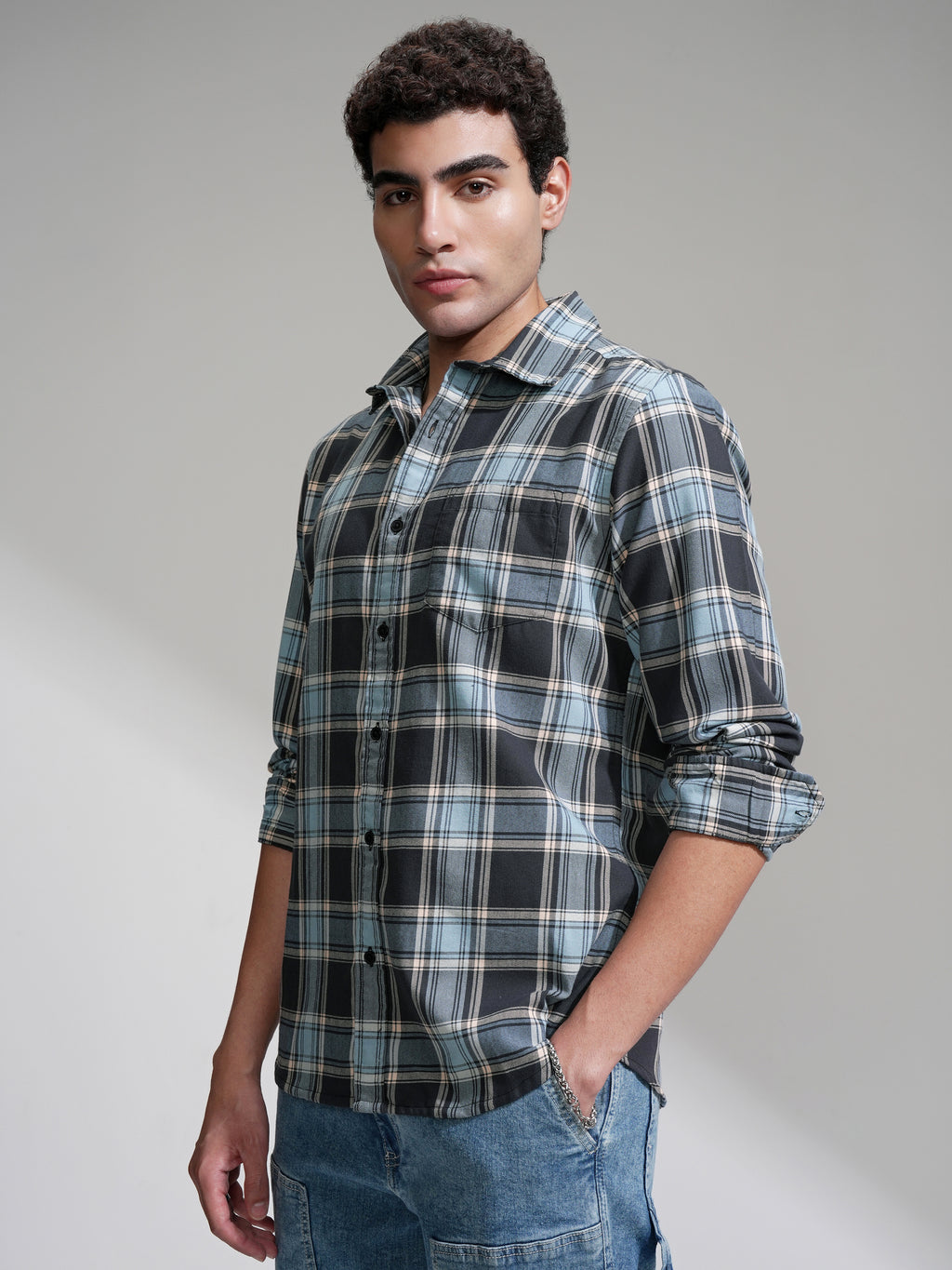 Highlander Men Charcoal Checked Slim Fit Casual Shirt - Charcoal - Image 4