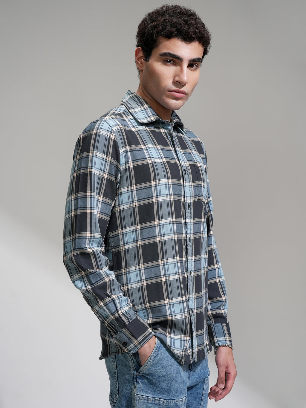 Highlander Men Charcoal Checked Slim Fit Casual Shirt - Charcoal - Image 6