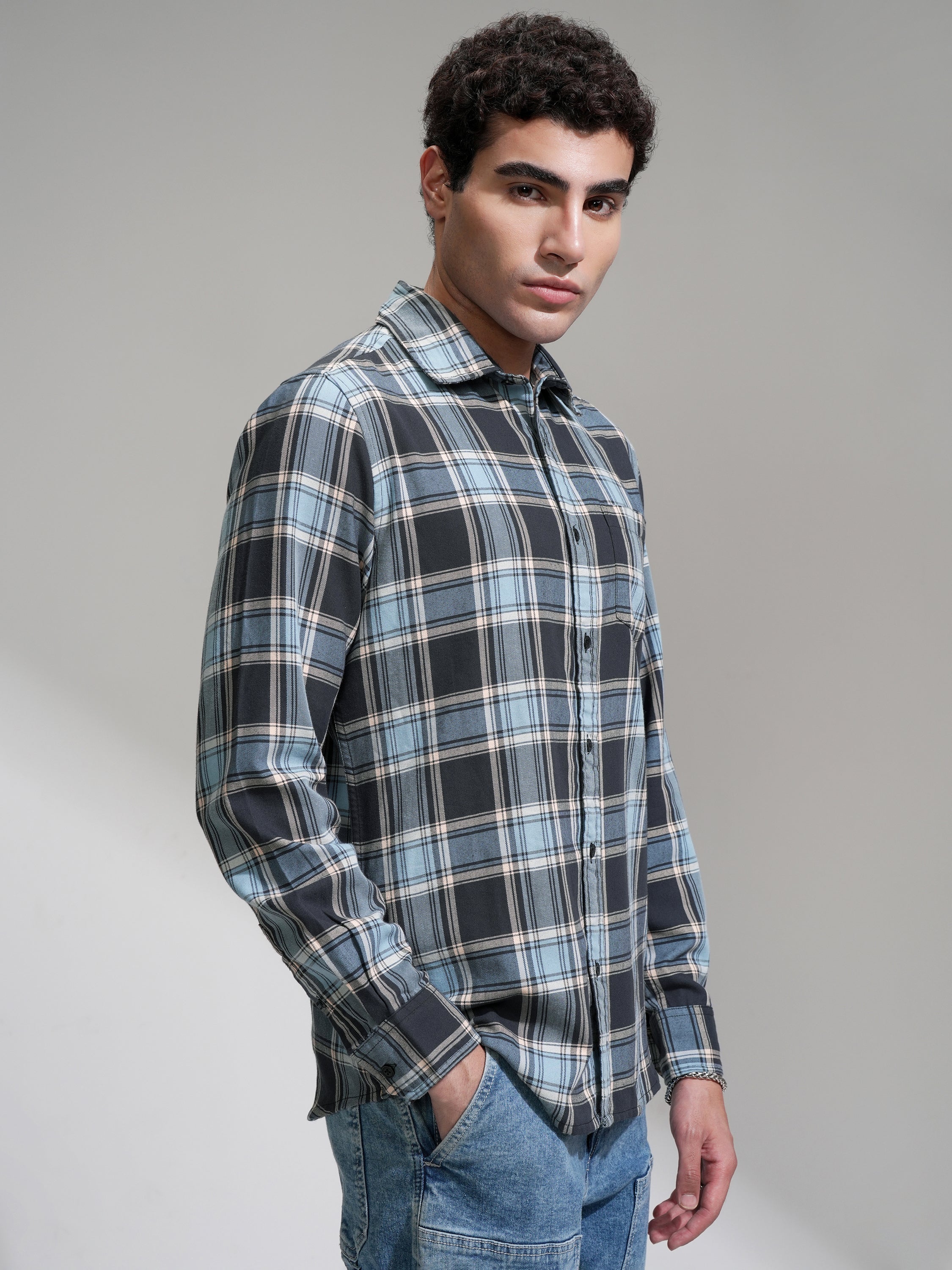 Highlander Men Charcoal Checked Slim Fit Casual Shirt - Charcoal - Image 6