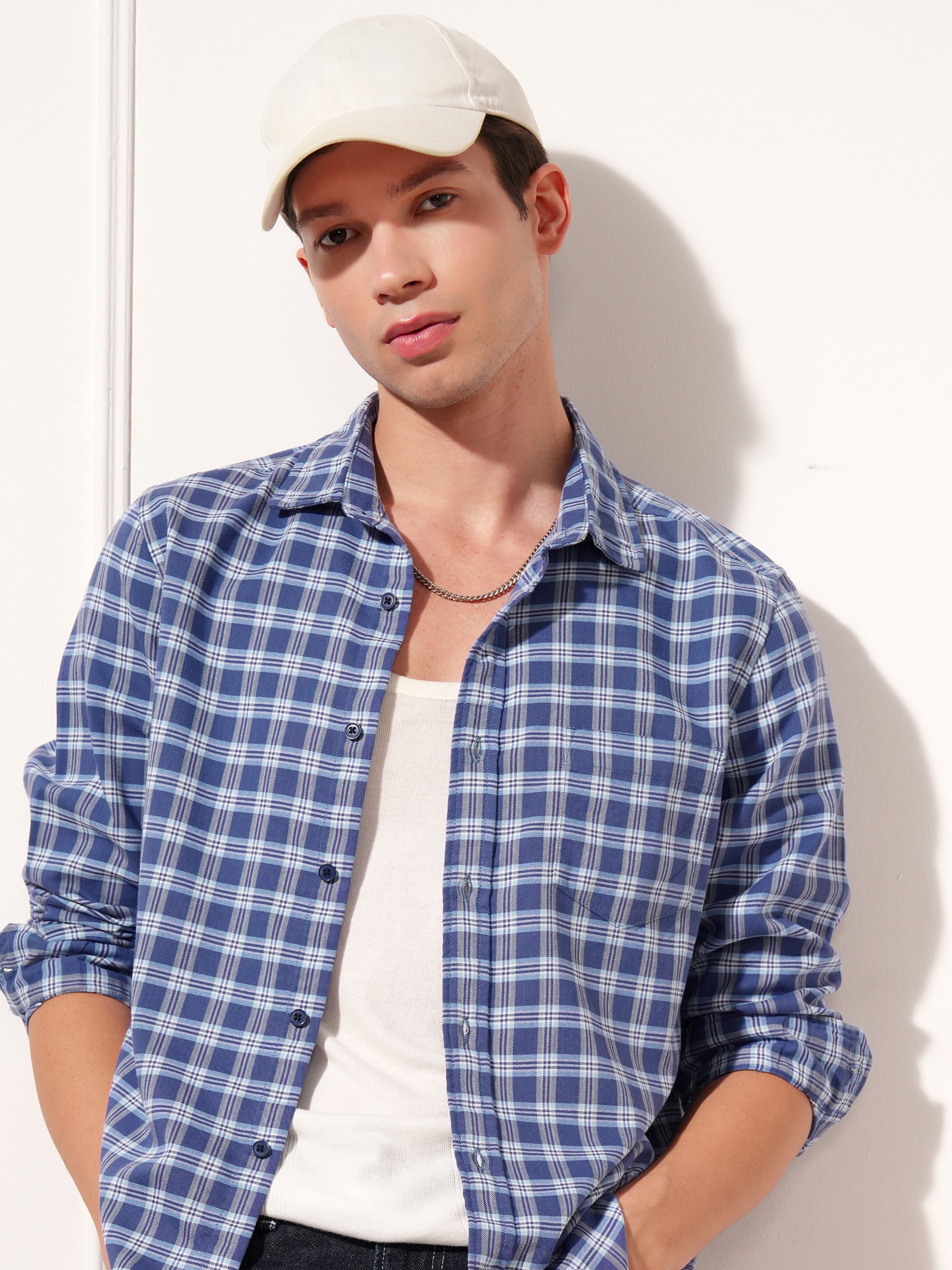 Highlander Men Blue Checked Slim Fit Casual Shirt - Blue - Image 1
