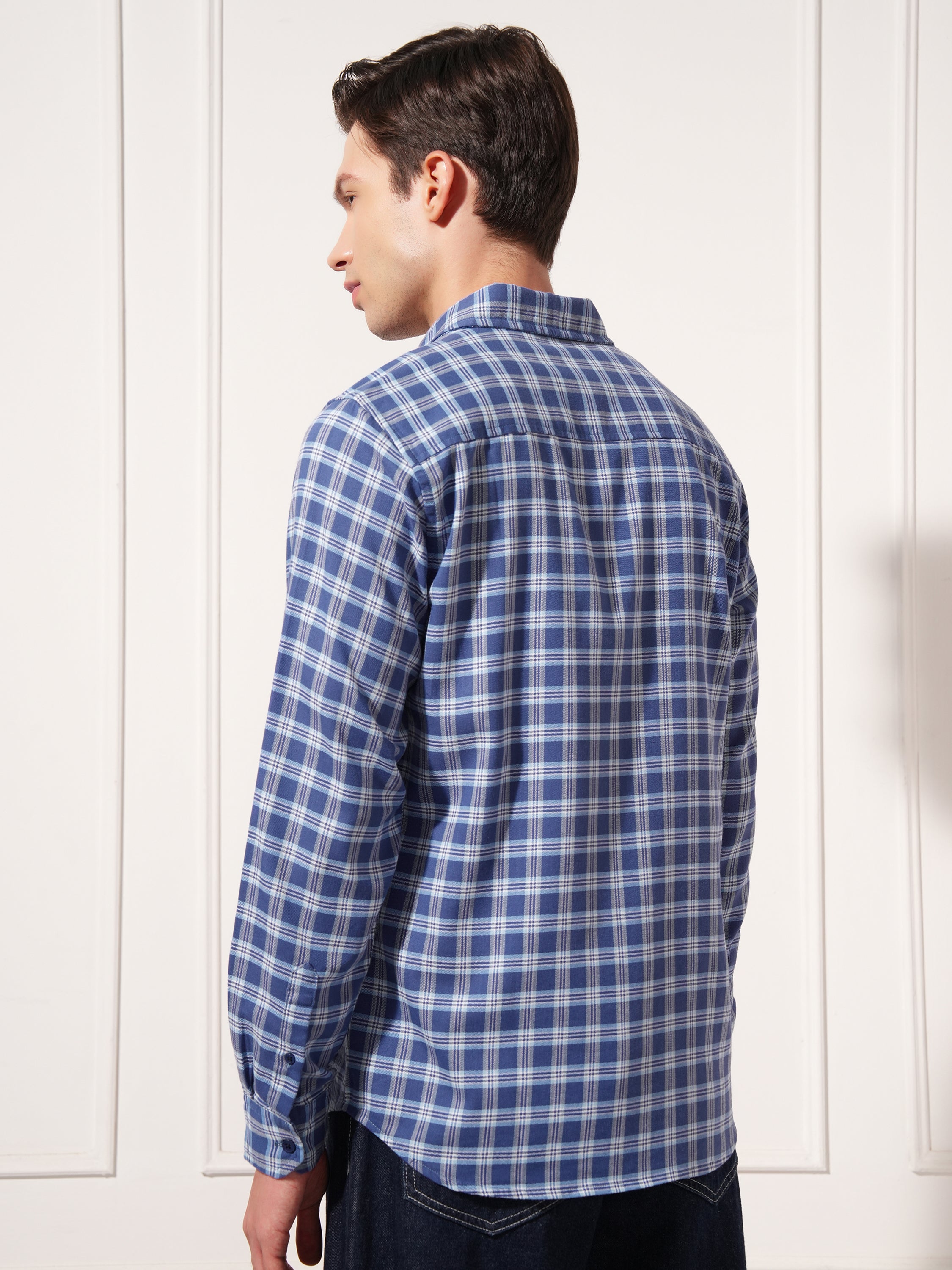 Highlander Men Blue Checked Slim Fit Casual Shirt - Blue - Image 3