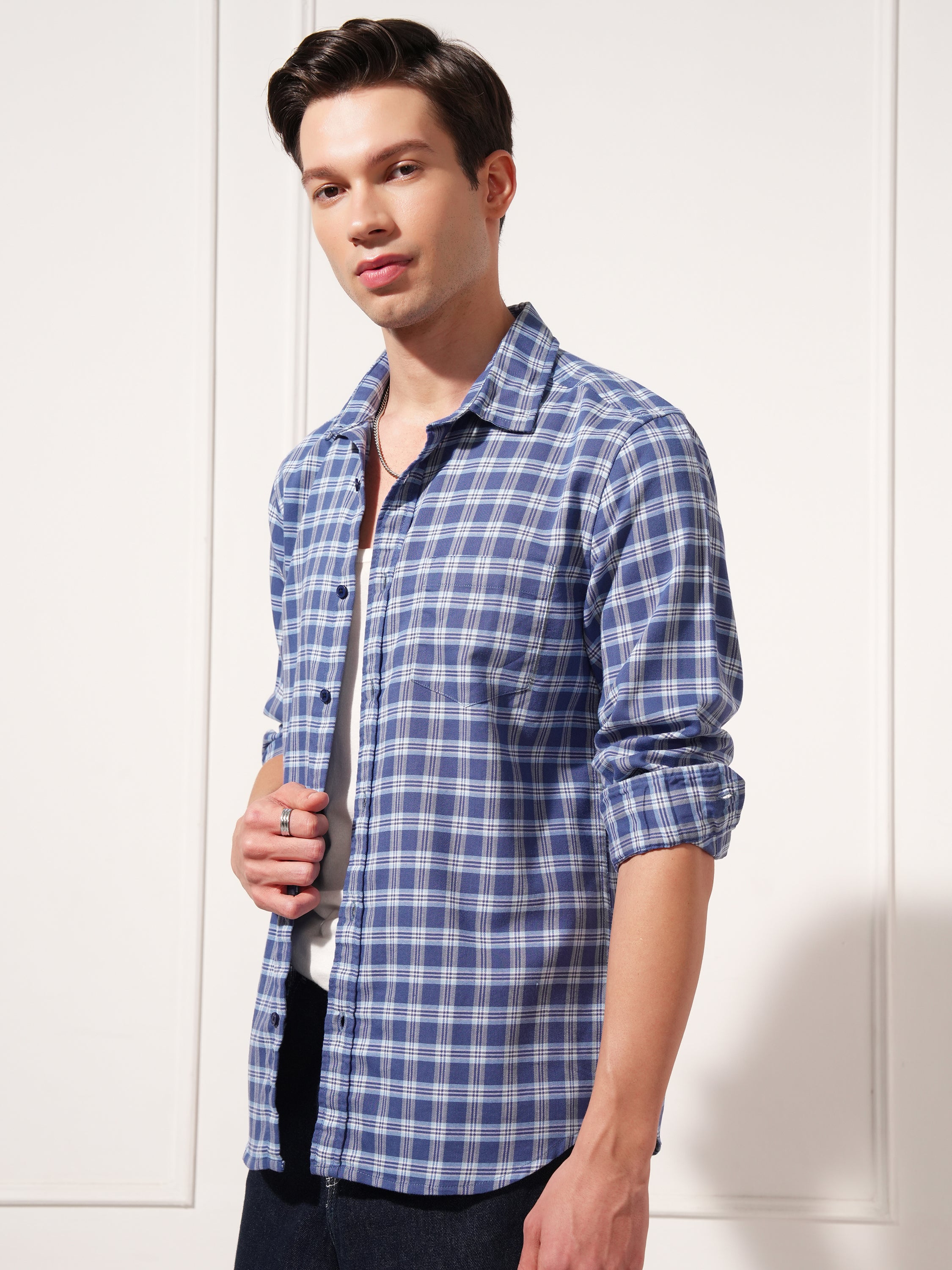 Highlander Men Blue Checked Slim Fit Casual Shirt - Blue - Image 4