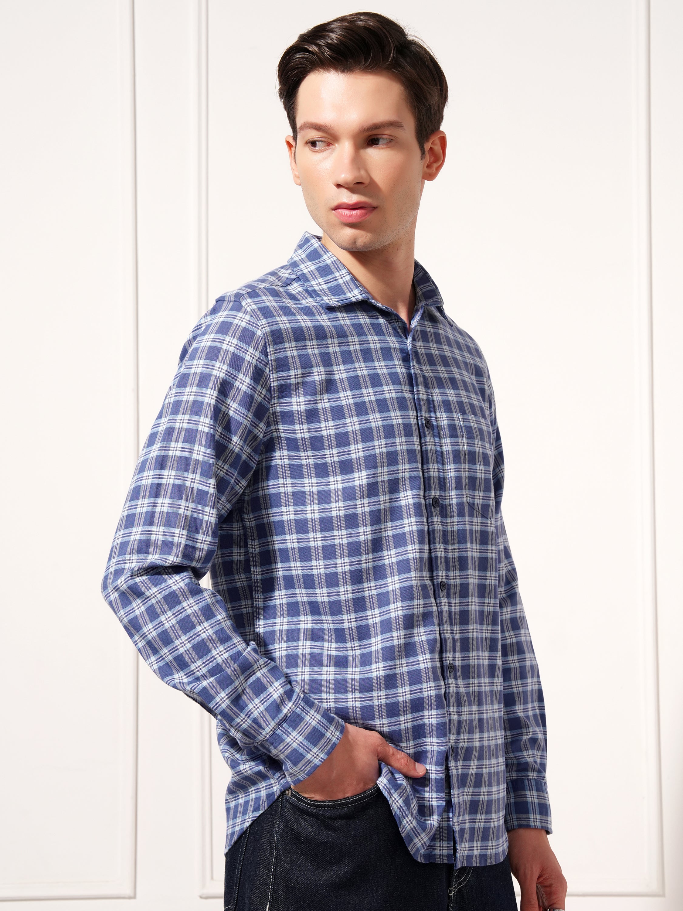 Highlander Men Blue Checked Slim Fit Casual Shirt - Blue - Image 6