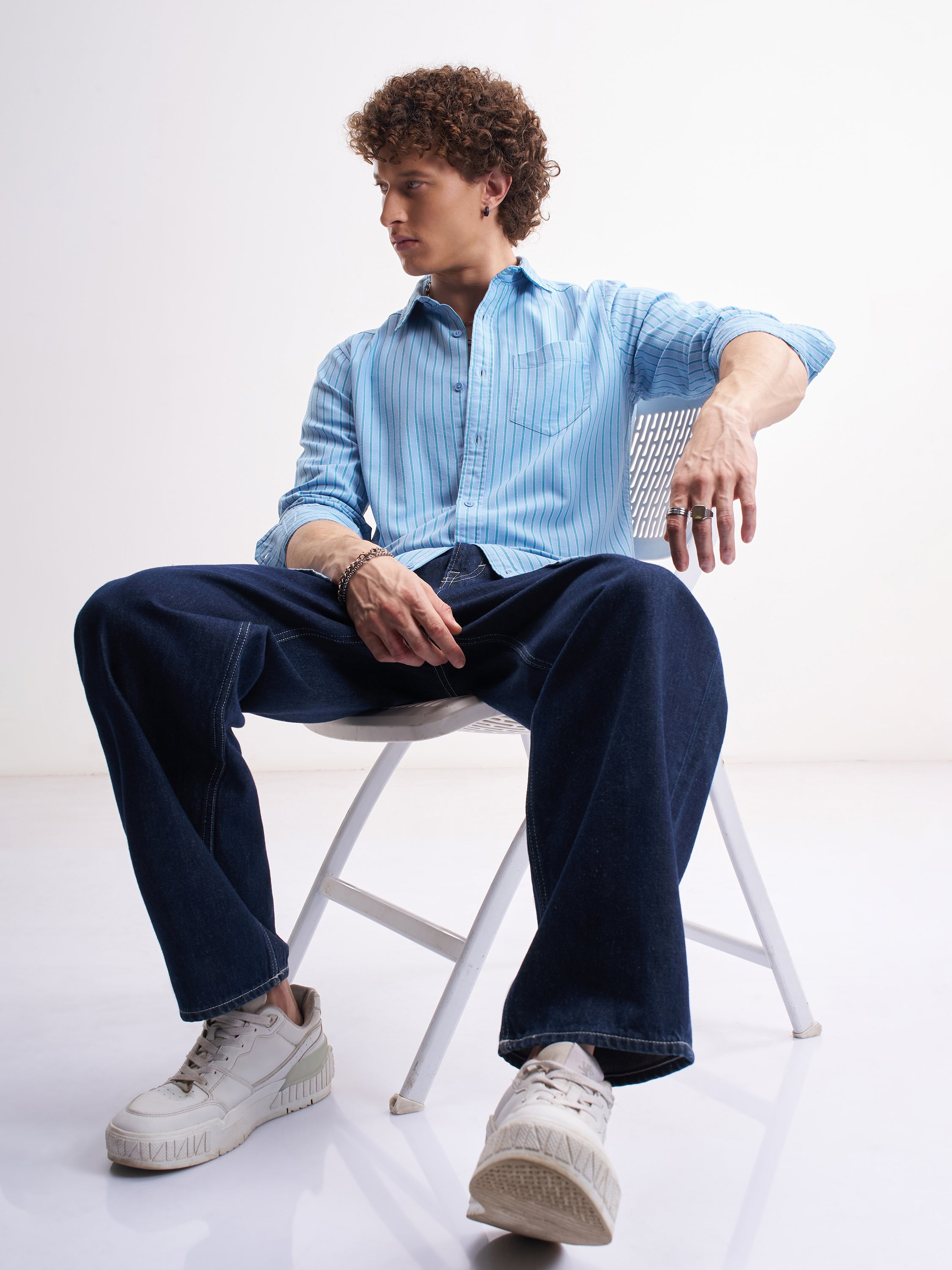 Highlander Men Blue Striped Slim Fit Casual Shirt - Blue - Image 2