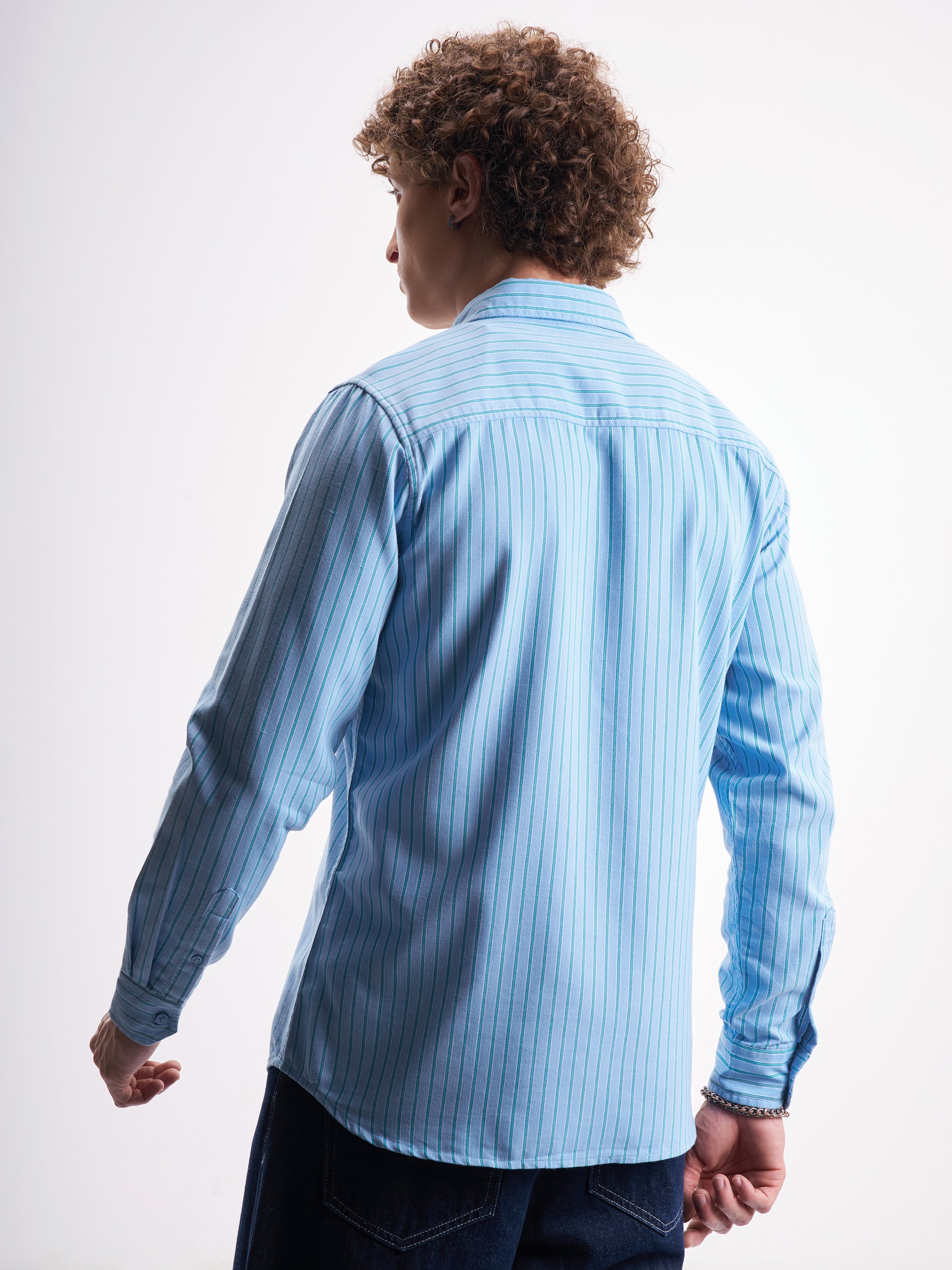 Highlander Men Blue Striped Slim Fit Casual Shirt - Blue - Image 3
