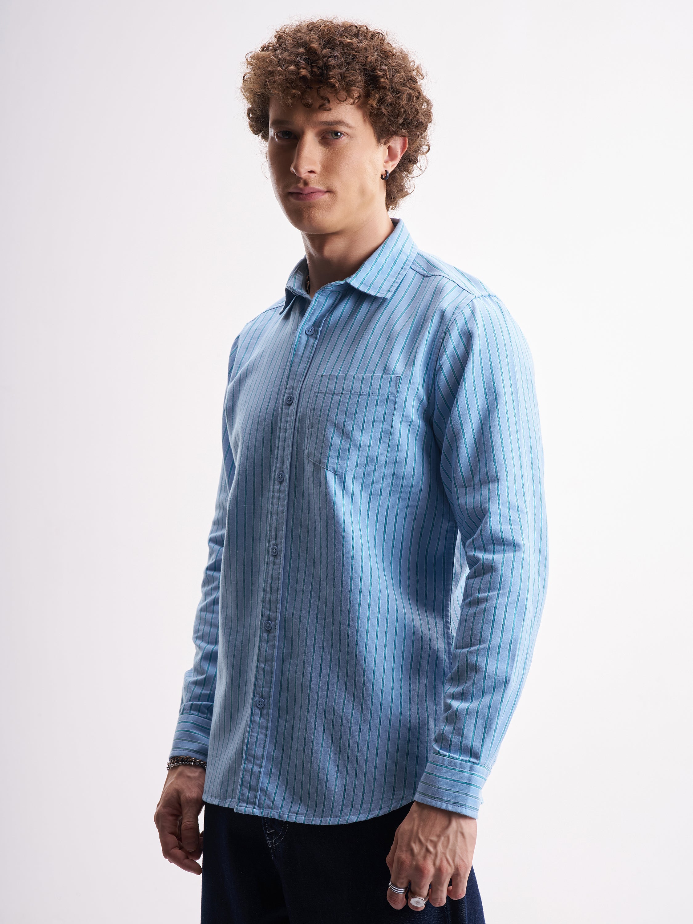 Highlander Men Blue Striped Slim Fit Casual Shirt - Blue - Image 4