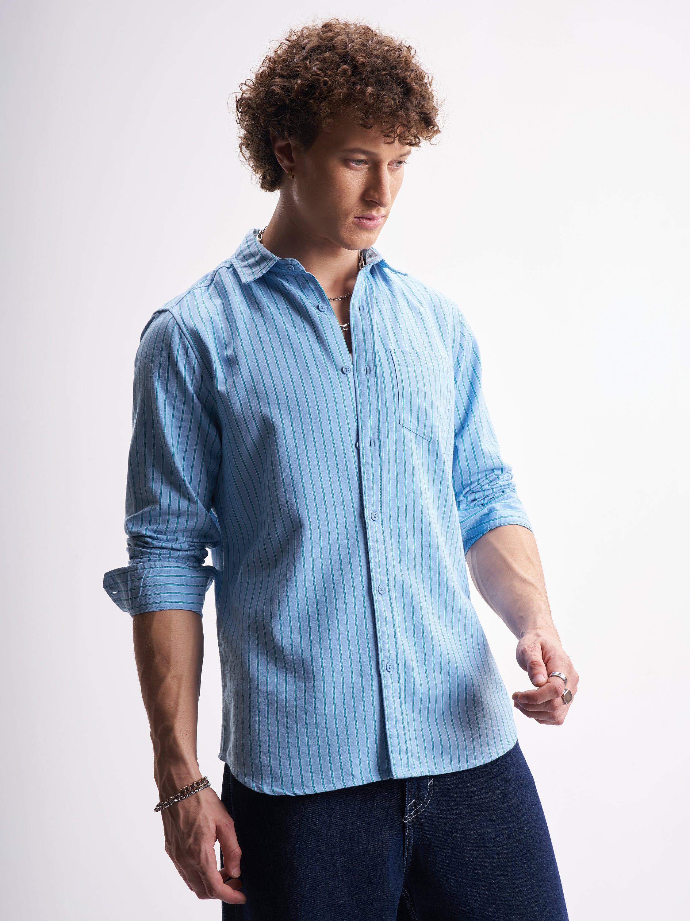 Highlander Men Blue Striped Slim Fit Casual Shirt - Blue - Image 6